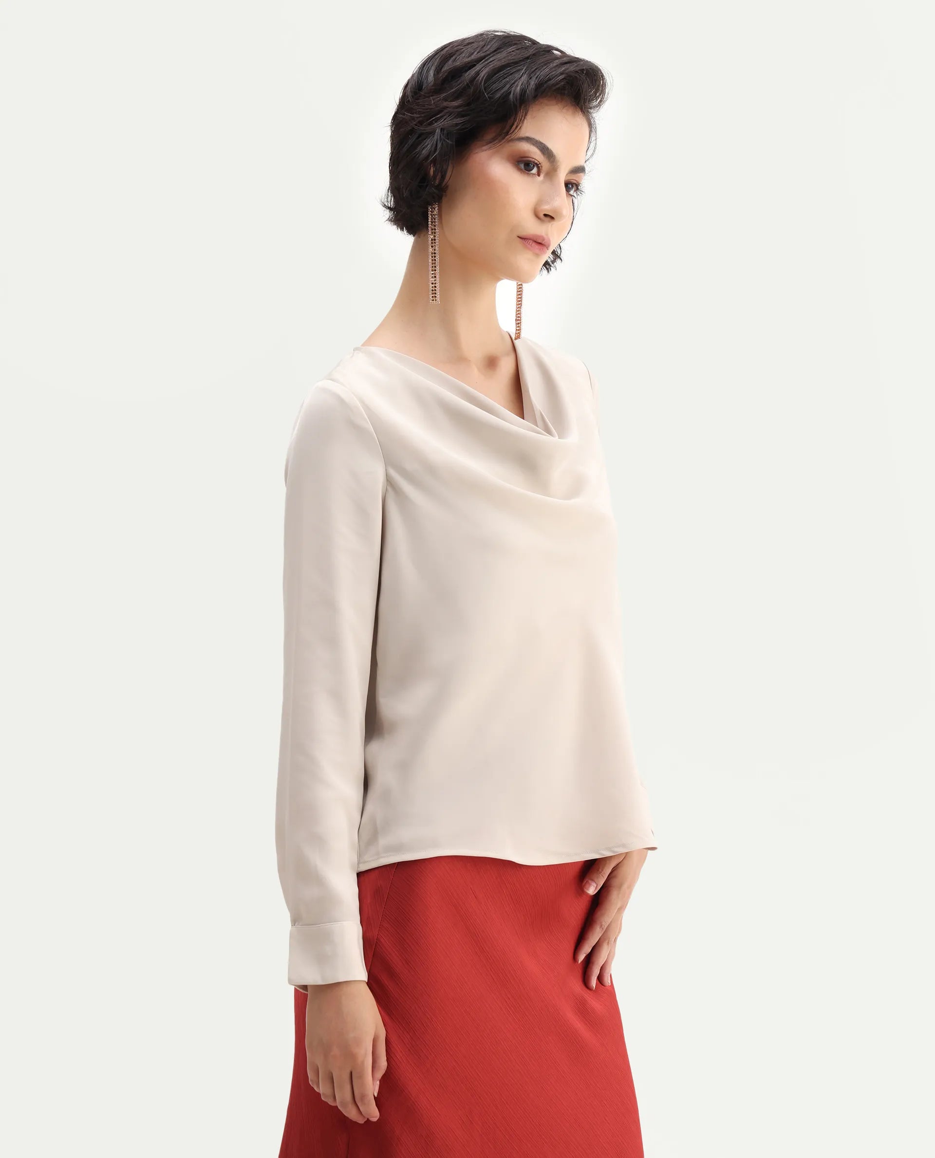 Rareism Women's Avier Beige Polyester Cowl Neck Regular Fit Plain Top