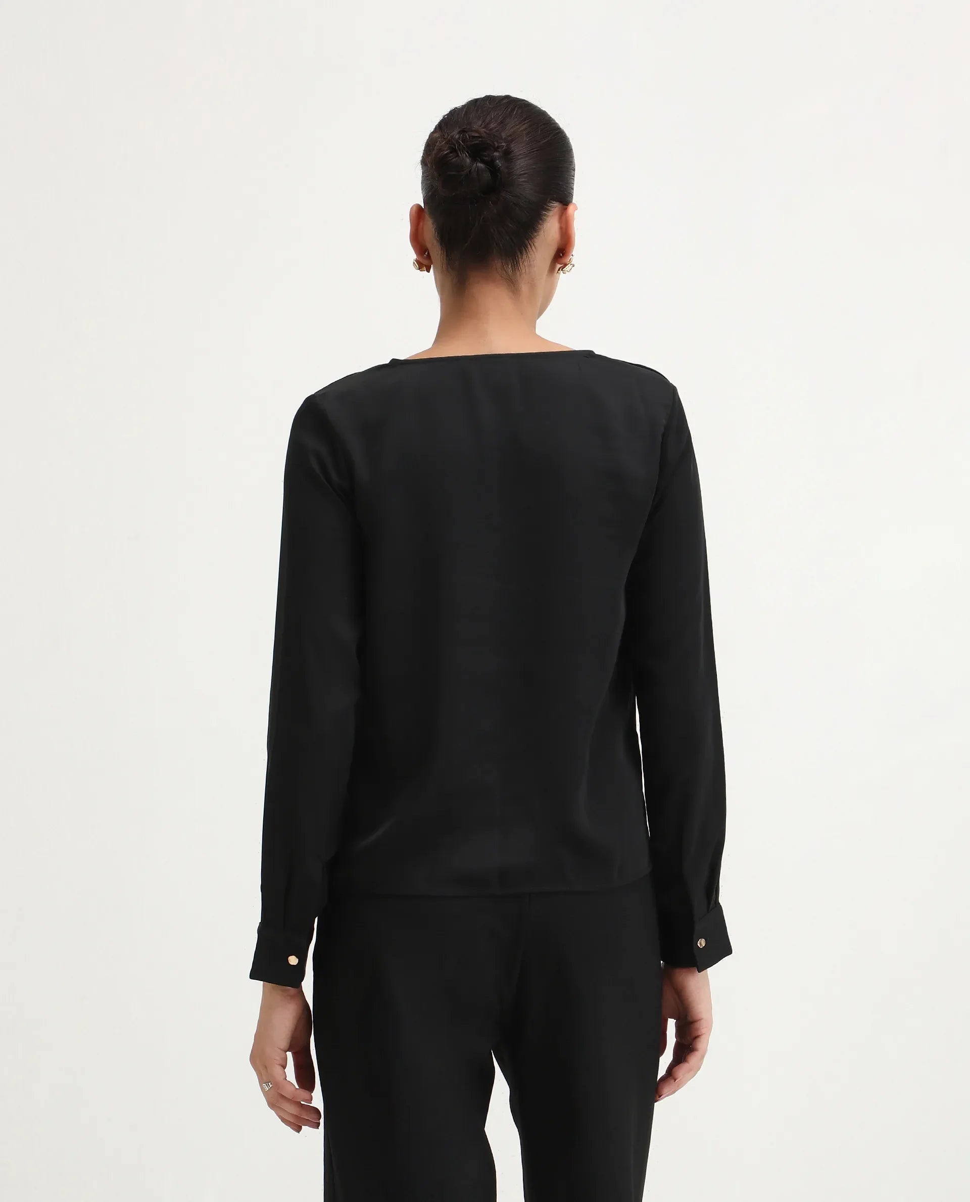 Rareism Women's Avier Black Polyester Cowl Neck Regular Fit Plain Top