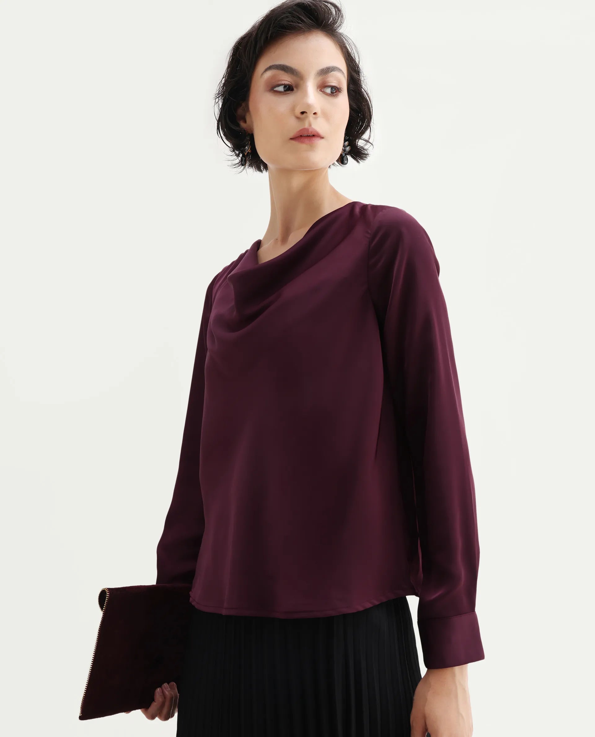 Rareism Women's Avier Maroon Polyester Cowl Neck Regular Fit Plain Top