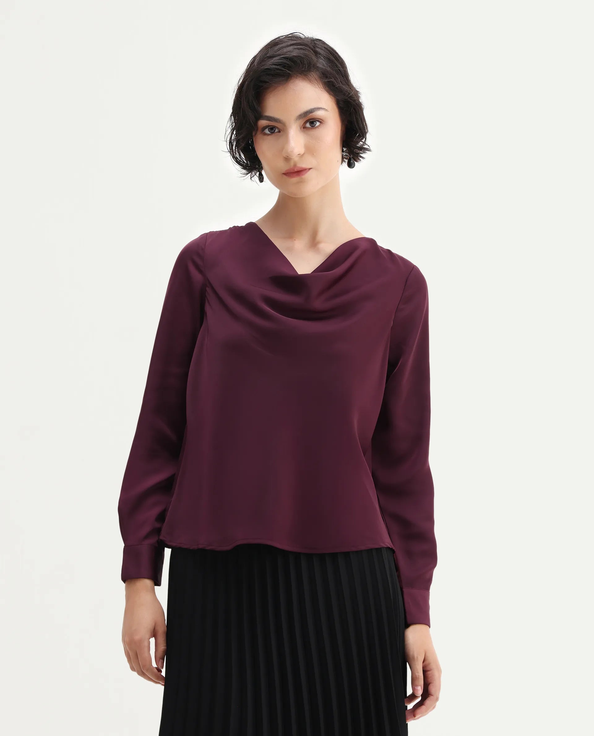 Rareism Women's Avier Maroon Polyester Cowl Neck Regular Fit Plain Top