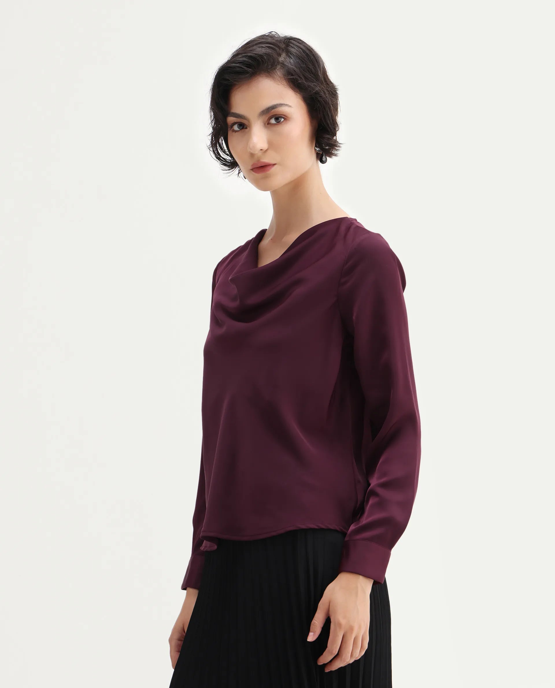 Rareism Women's Avier Maroon Polyester Cowl Neck Regular Fit Plain Top