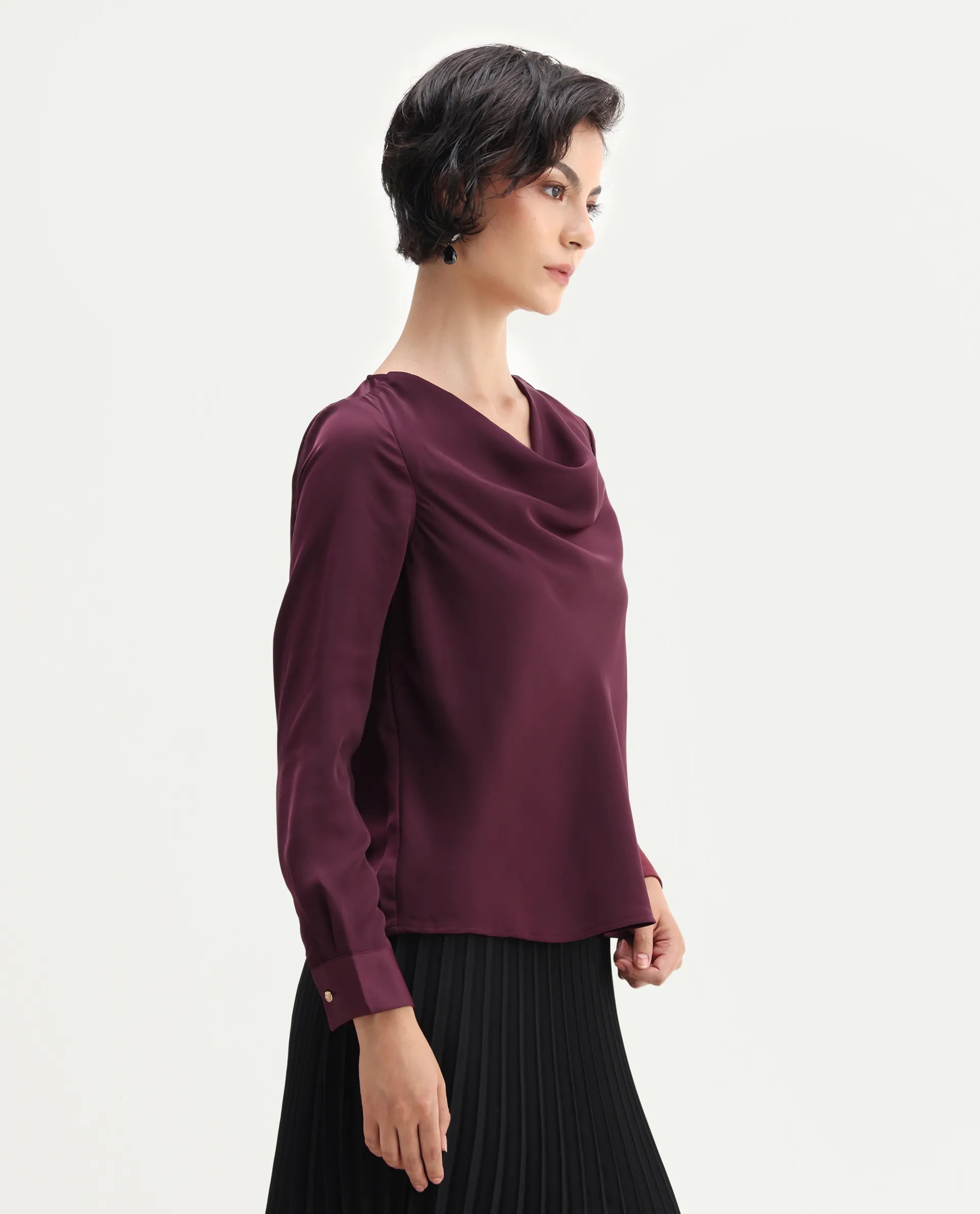 Rareism Women's Avier Maroon Polyester Cowl Neck Regular Fit Plain Top