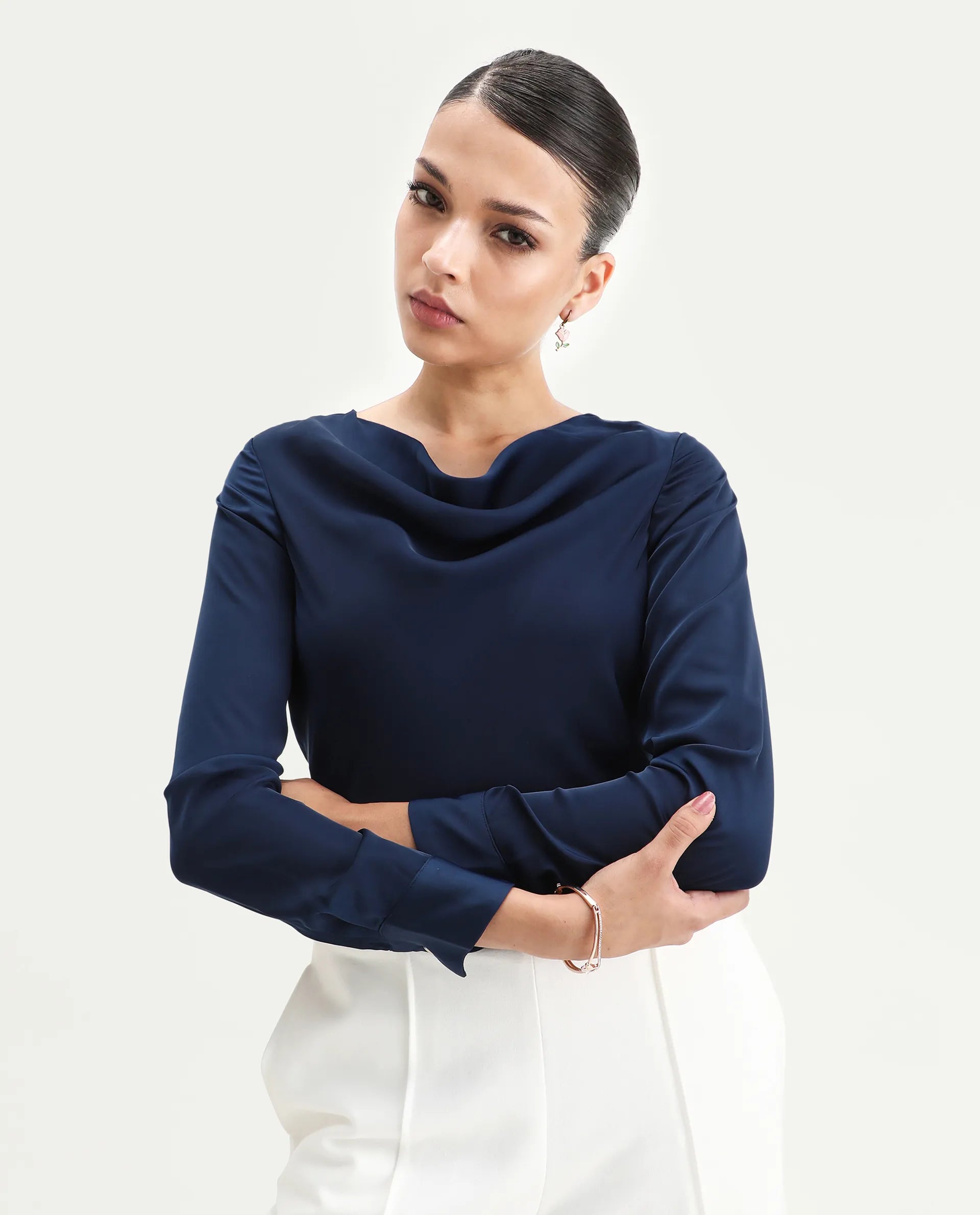 Rareism Women's Avier Navy Polyester Cowl Neck Regular Fit Plain Top