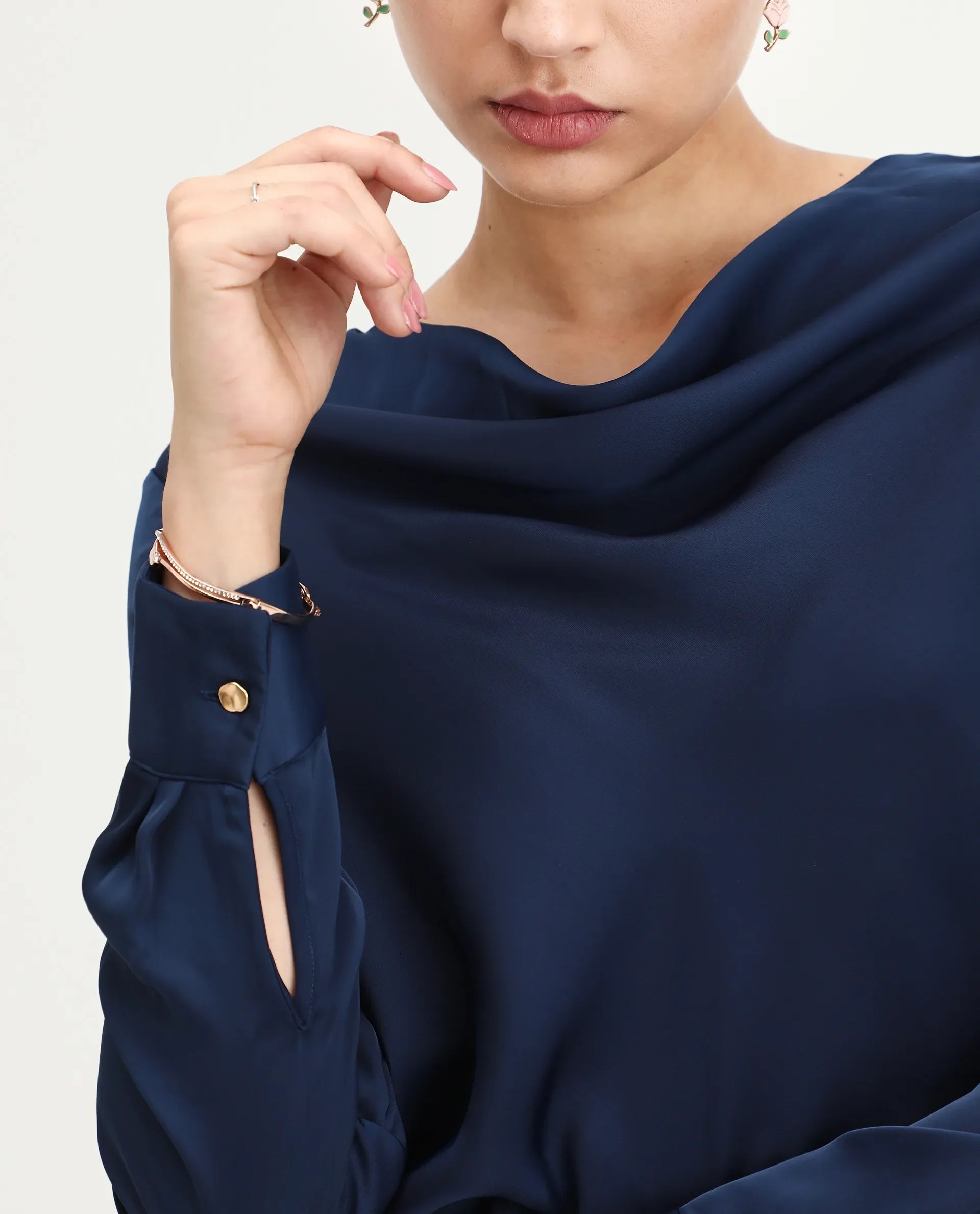 Rareism Women's Avier Navy Polyester Cowl Neck Regular Fit Plain Top