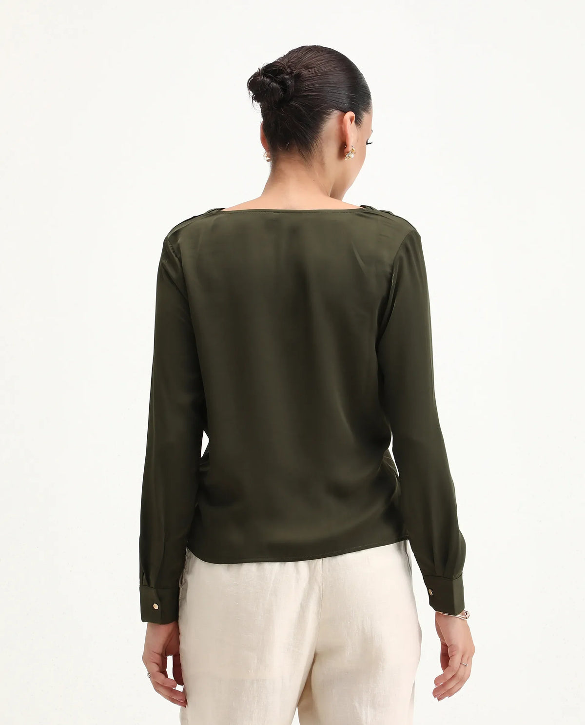 Rareism Women's Avier Olive Polyester Cowl Neck Regular Fit Plain Top