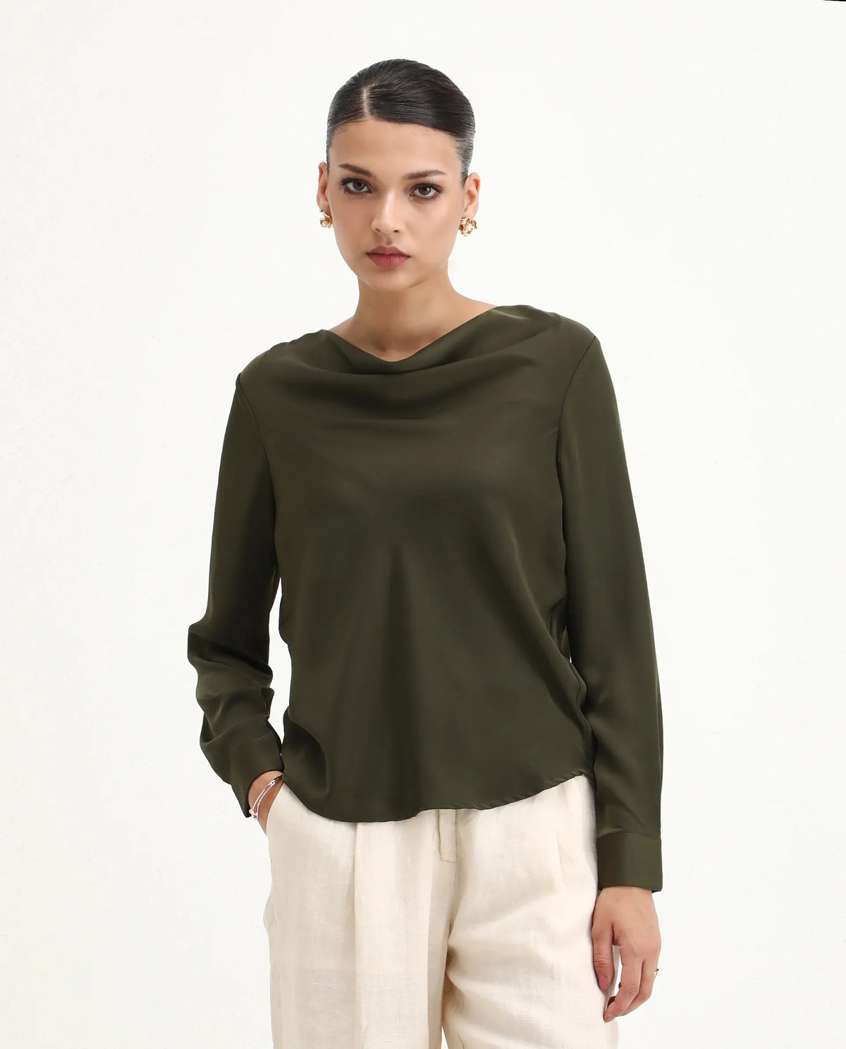 Rareism Women's Avier Olive Polyester Cowl Neck Regular Fit Plain Top