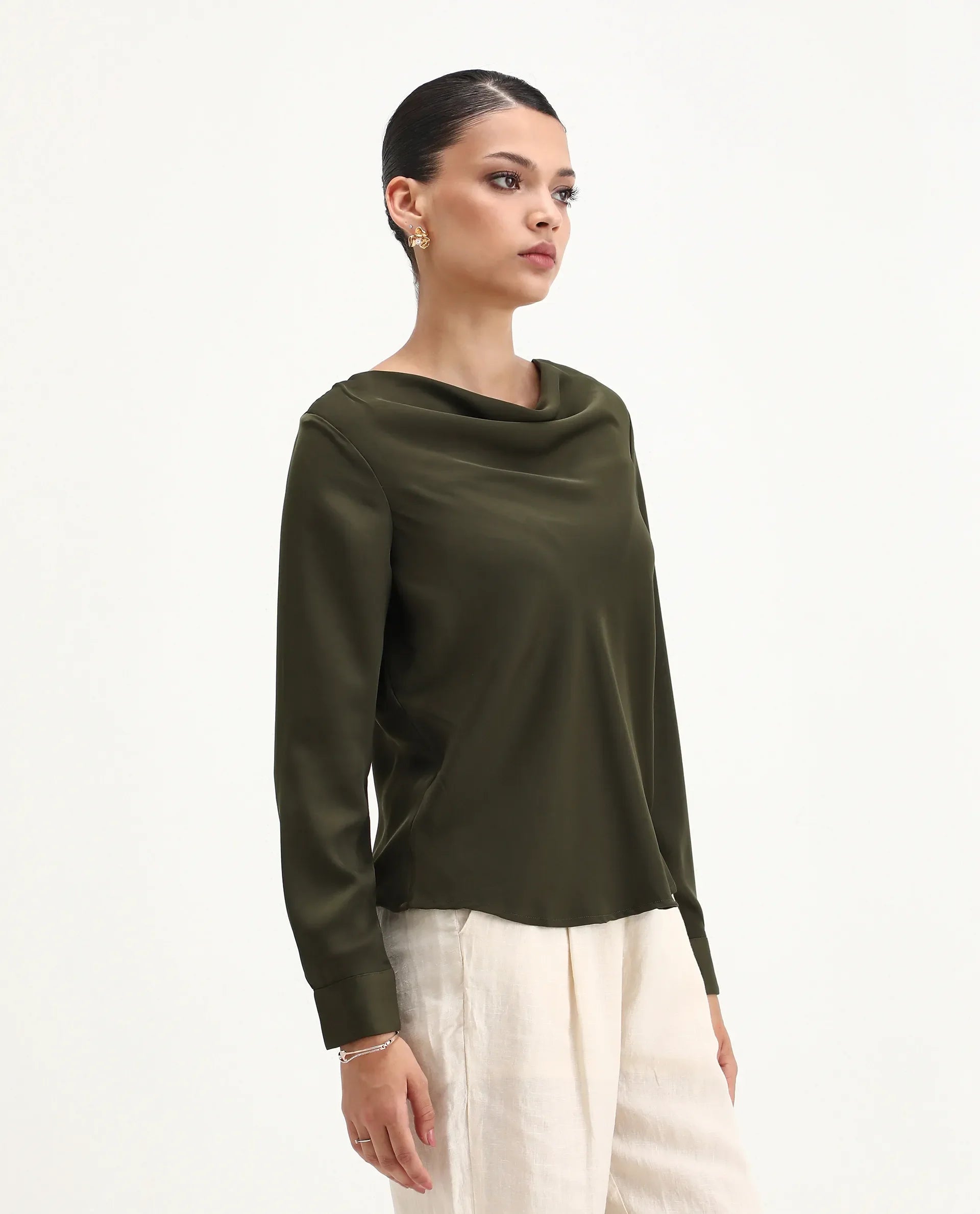 Rareism Women's Avier Olive Polyester Cowl Neck Regular Fit Plain Top