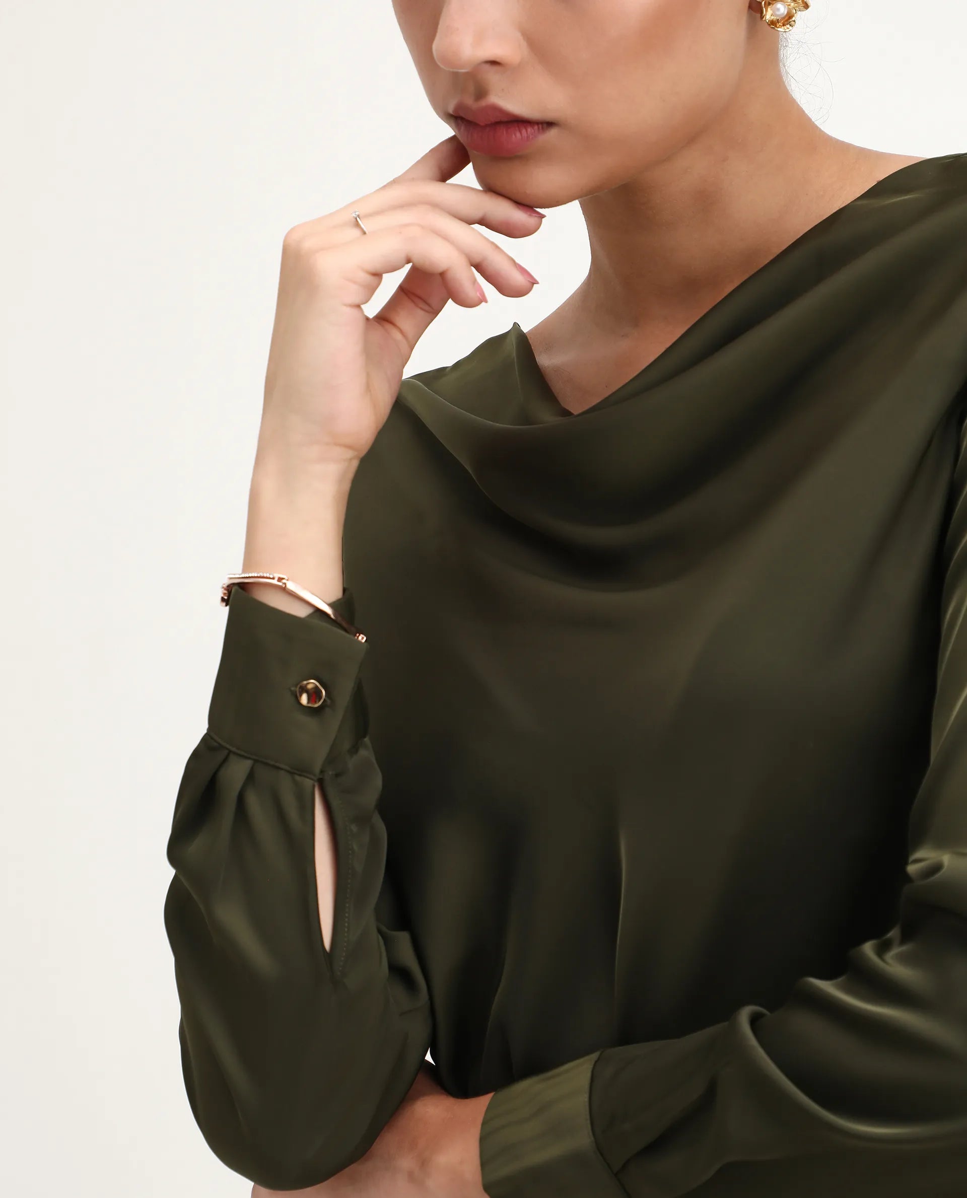 Rareism Women's Avier Olive Polyester Cowl Neck Regular Fit Plain Top