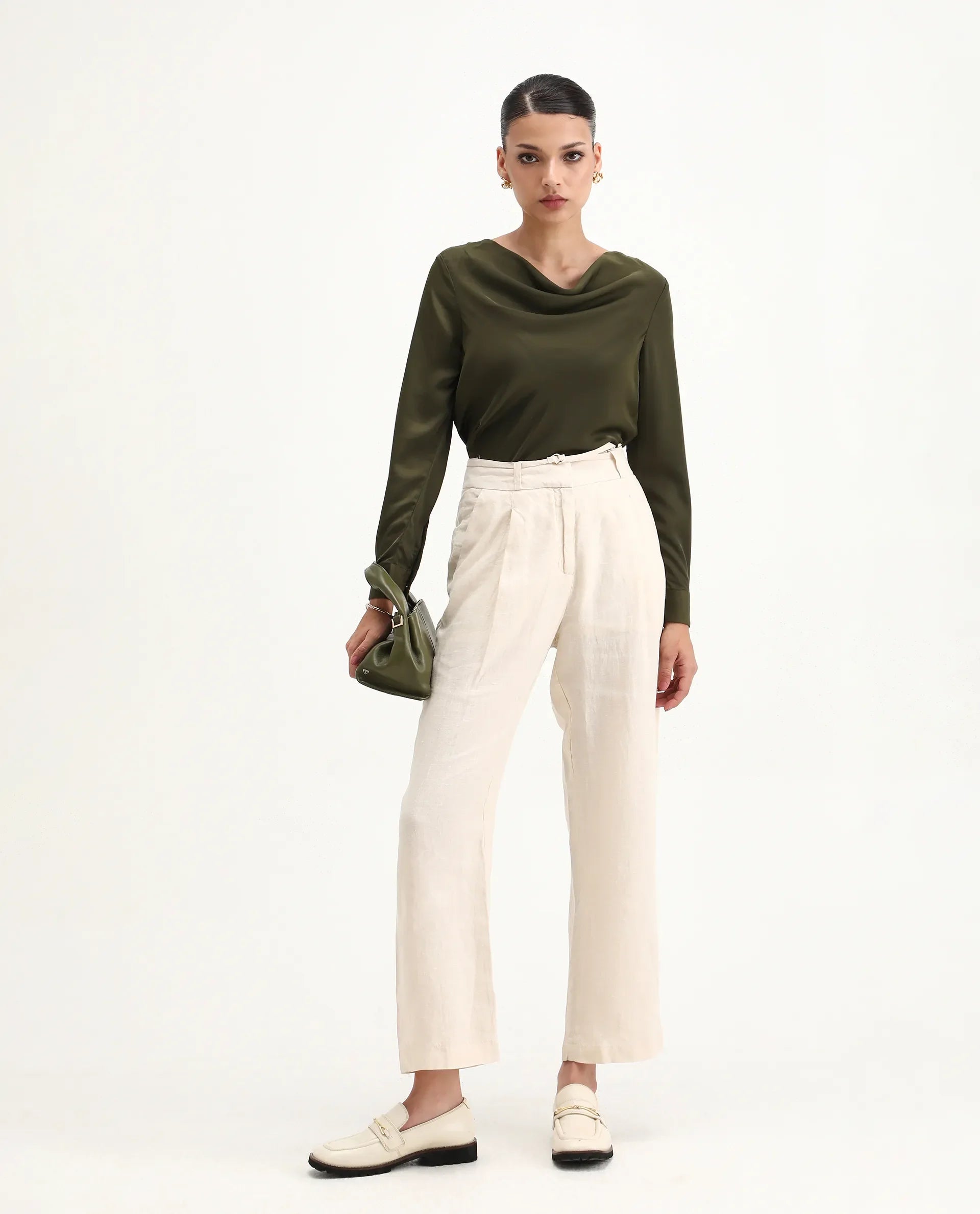 Rareism Women's Avier Olive Polyester Cowl Neck Regular Fit Plain Top