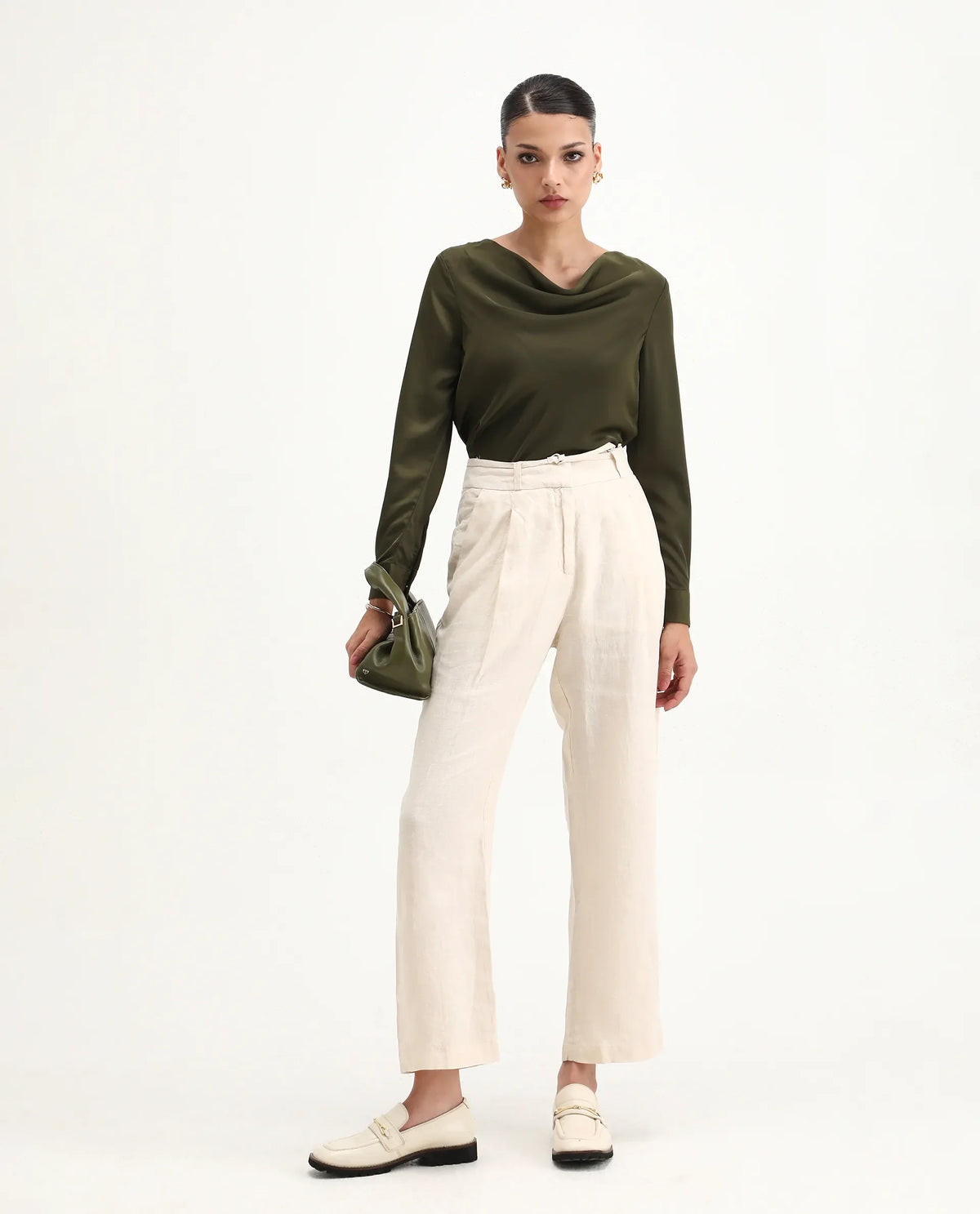 Rareism Women's Avier Olive Polyester Cowl Neck Regular Fit Plain Top