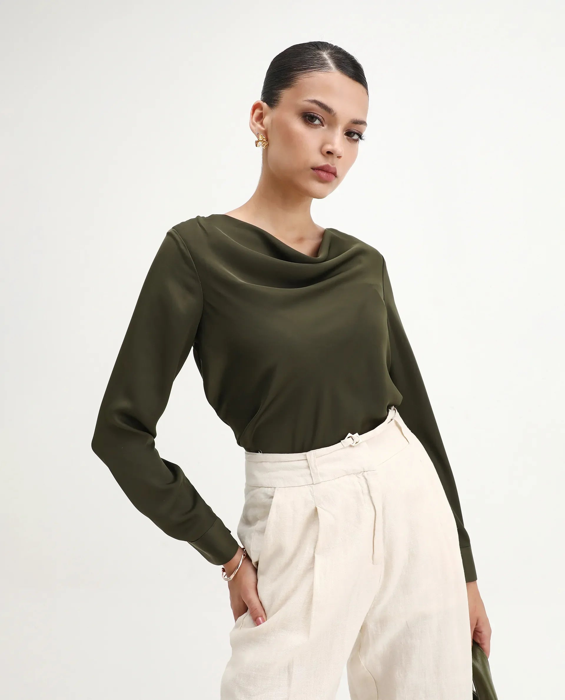 Rareism Women's Avier Olive Polyester Cowl Neck Regular Fit Plain Top