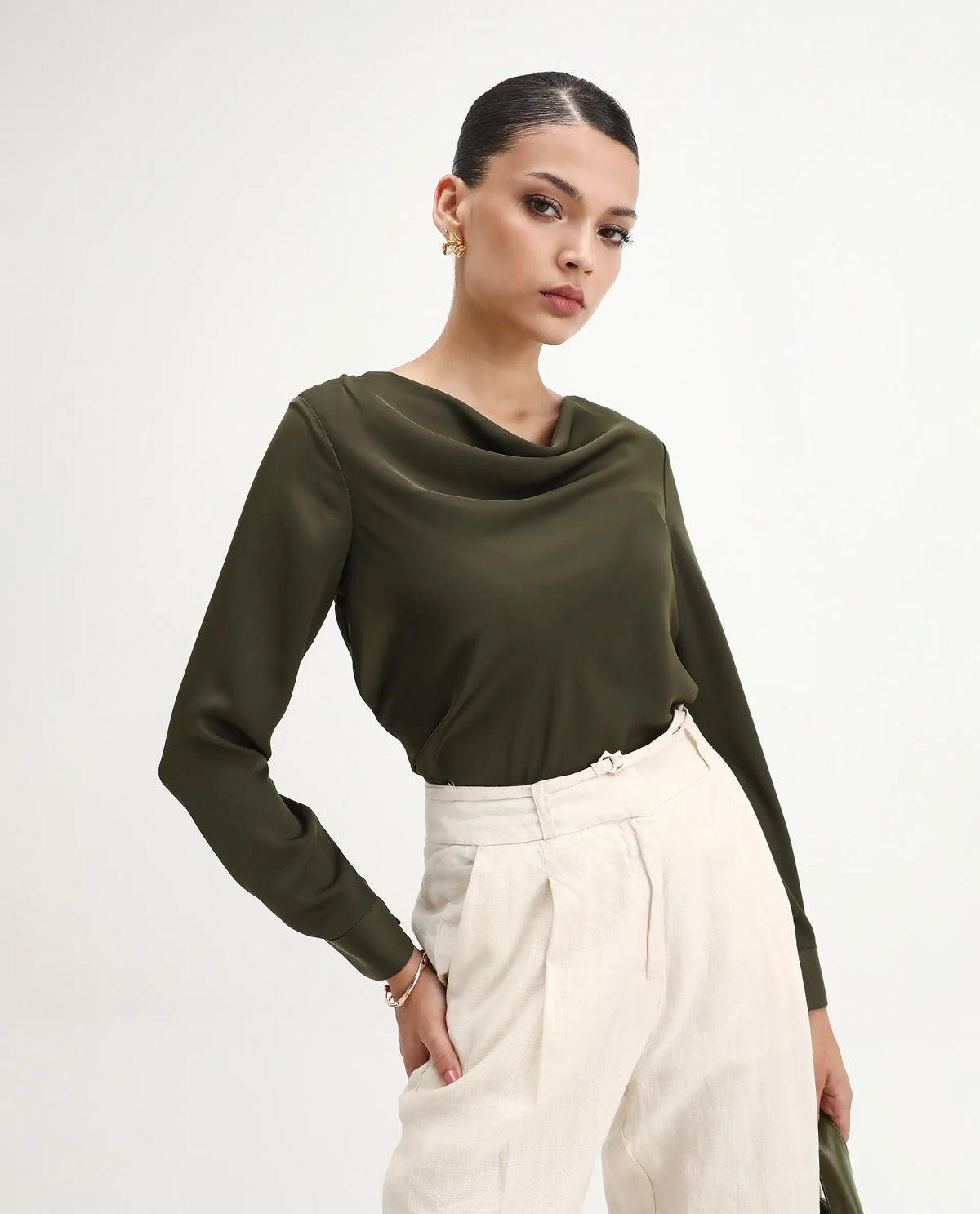 Rareism Women's Avier Olive Polyester Cowl Neck Regular Fit Plain Top