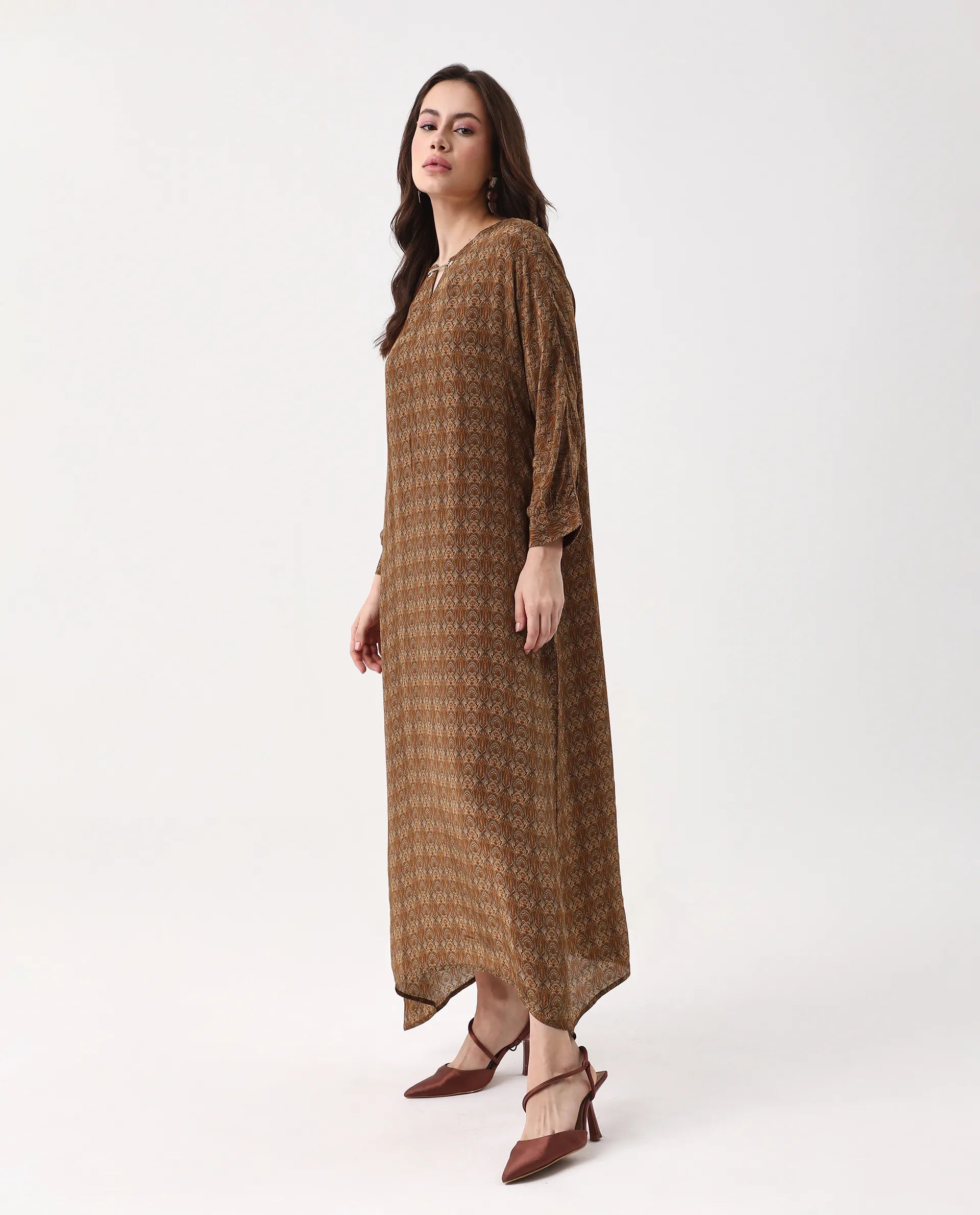 Rareism Women's Avikan Mustard Viscose Crew Neck Relaxed Fit Dress