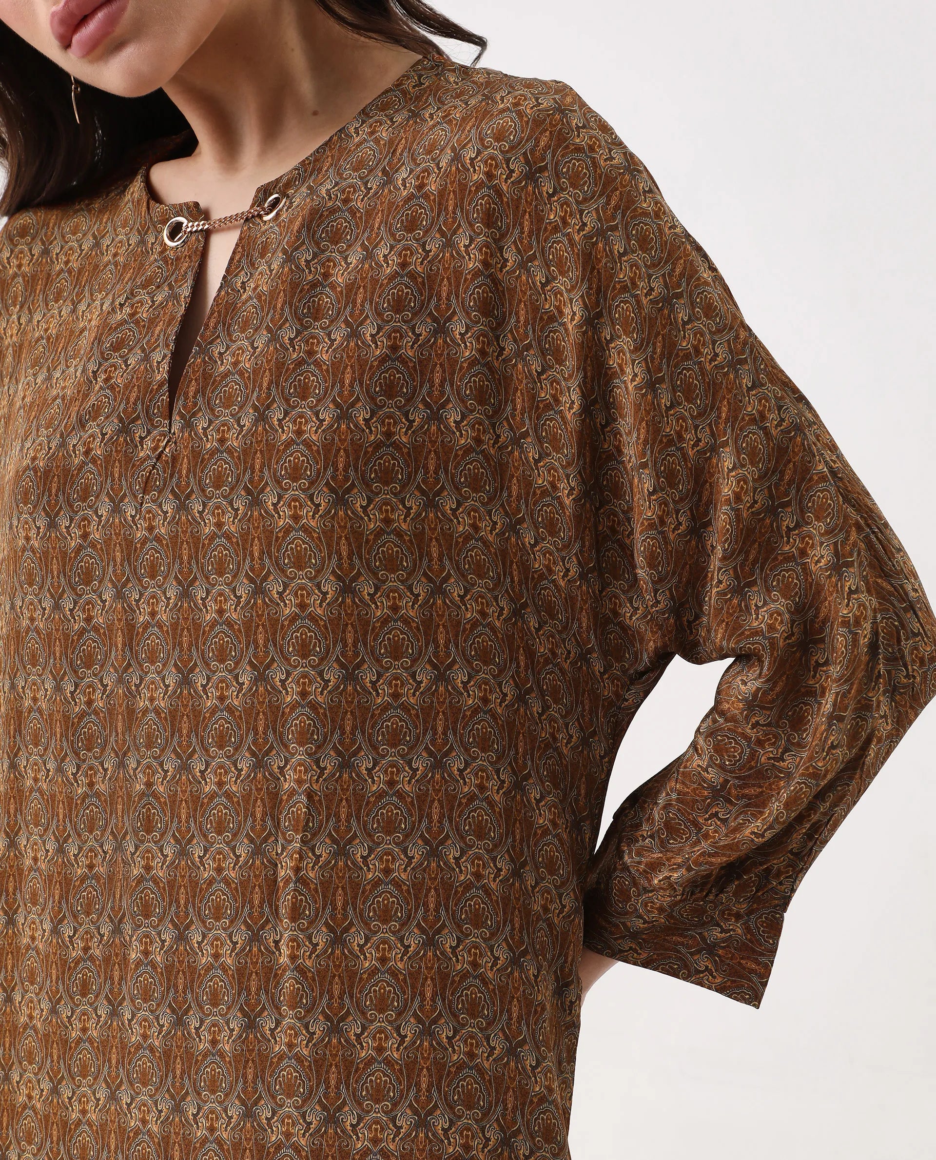 Rareism Women's Avikan Mustard Viscose Crew Neck Relaxed Fit Dress