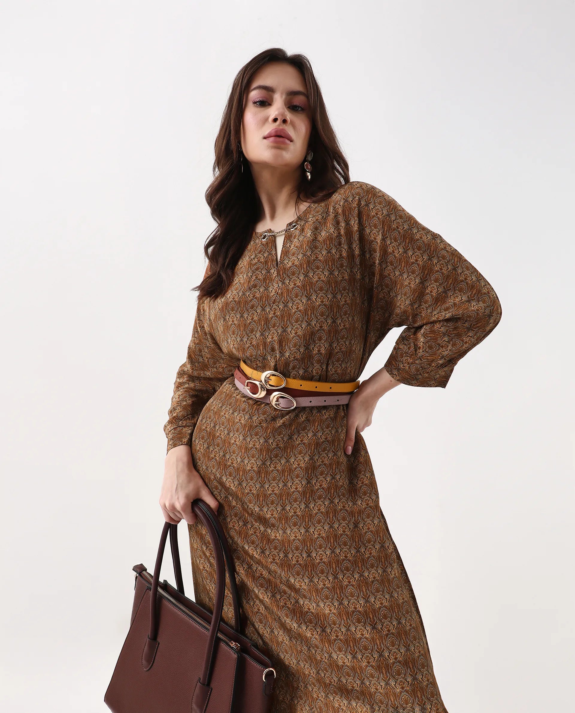 Rareism Women's Avikan Mustard Viscose Crew Neck Relaxed Fit Dress