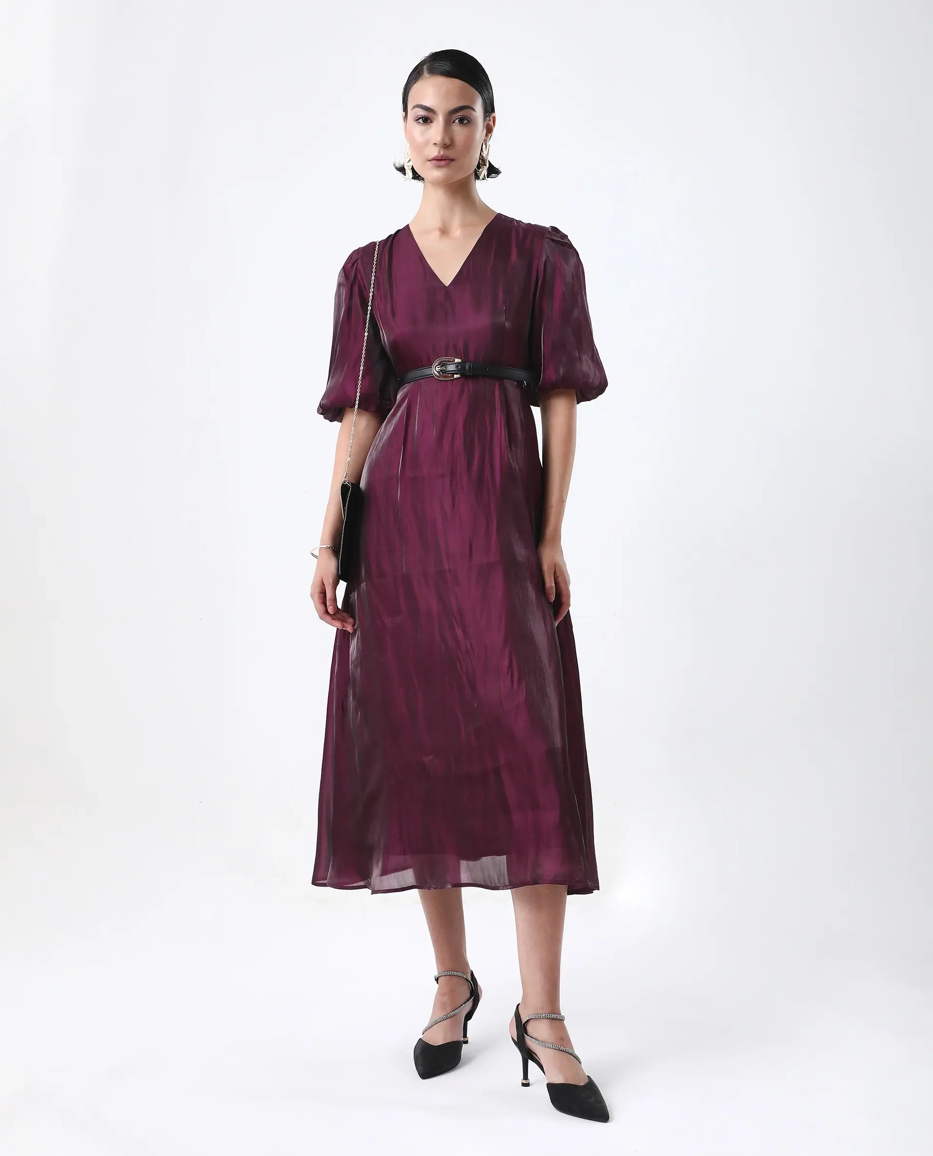 Rareism Women's Avilia Maroon Polyester Round Neck Fit And Flare Plain Midi Dress