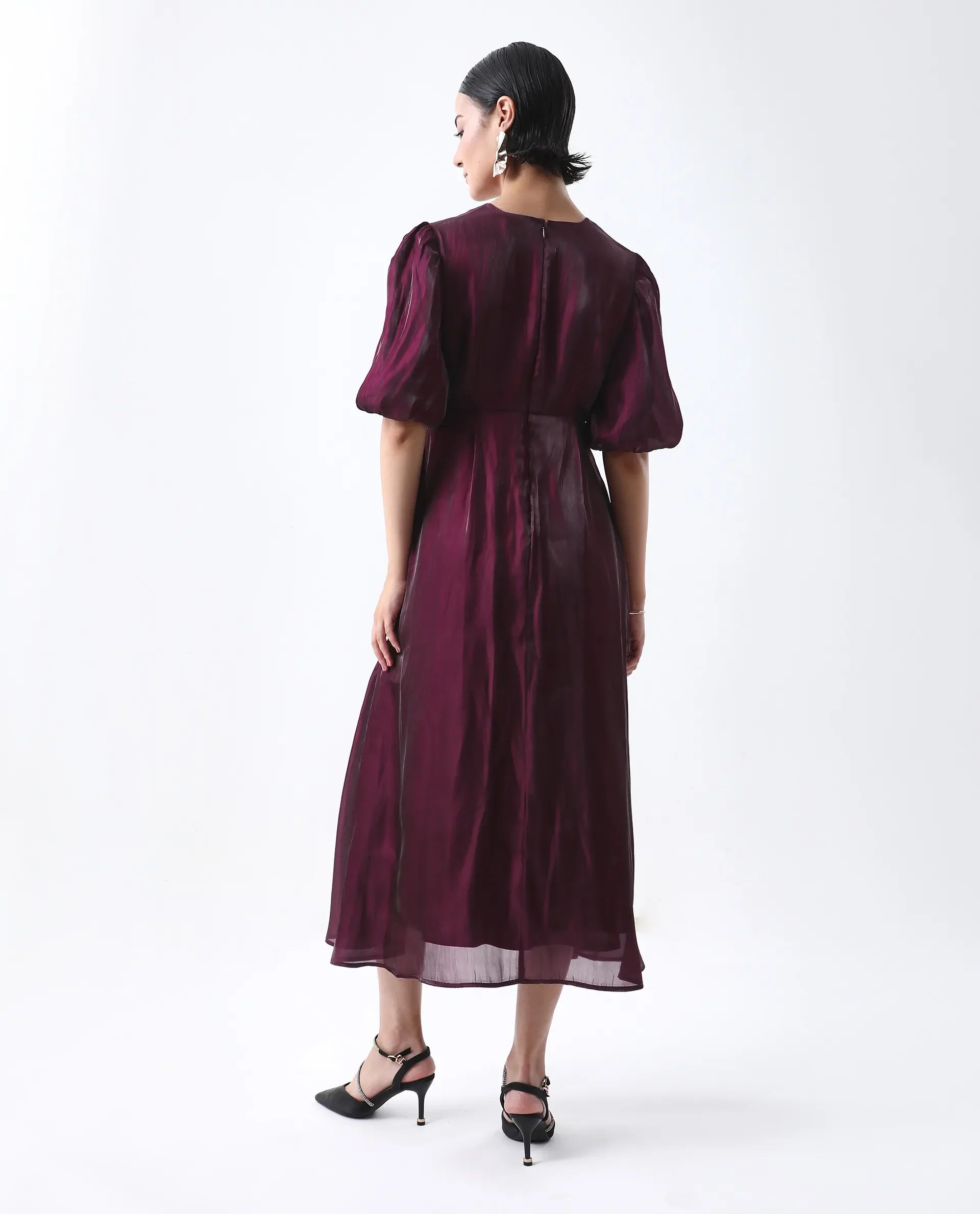Rareism Women's Avilia Maroon Polyester Round Neck Fit And Flare Plain Midi Dress