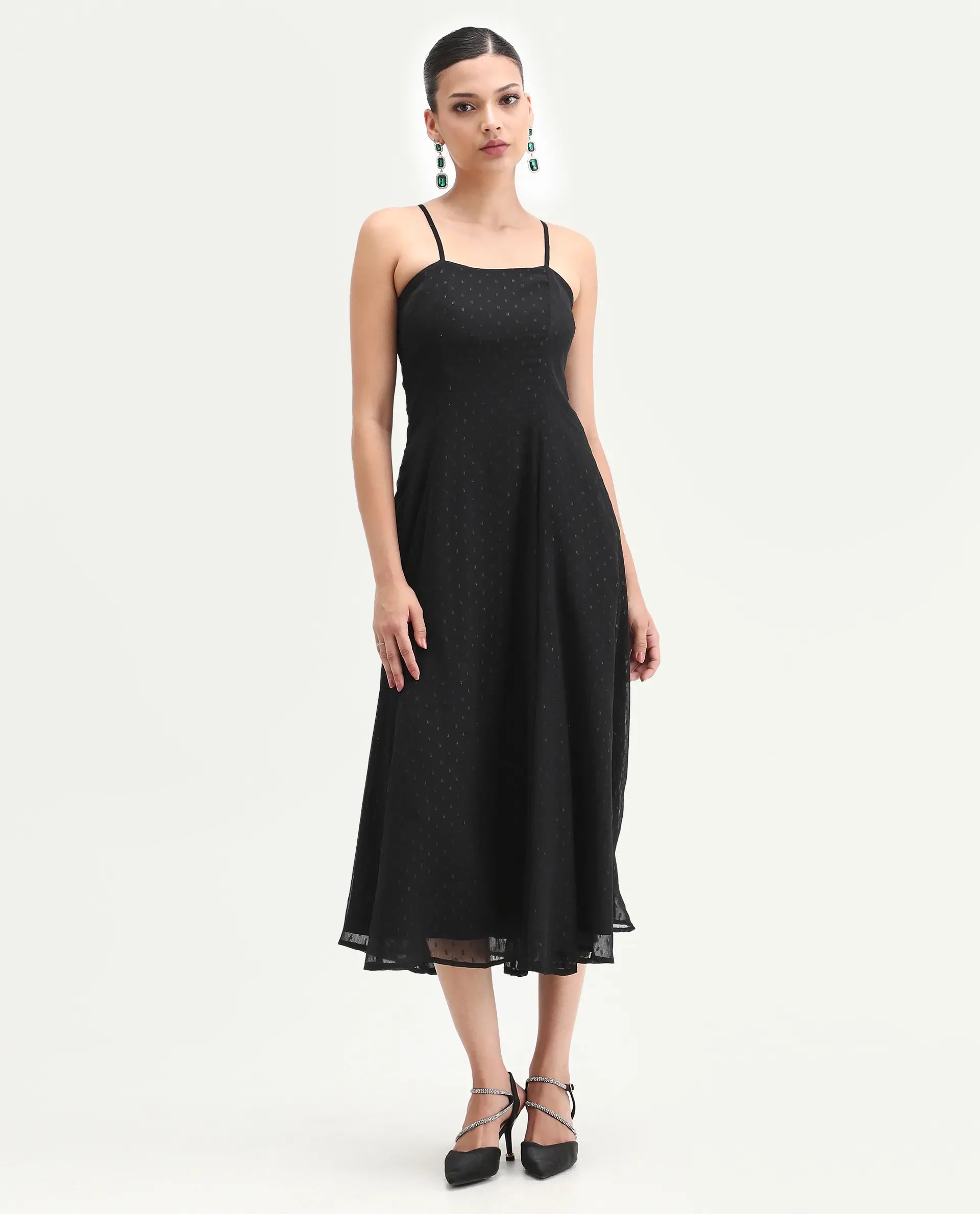 Rareism Women's Aviliz Black Polyester Shoulder Straps Fit And Flare Plain Dress