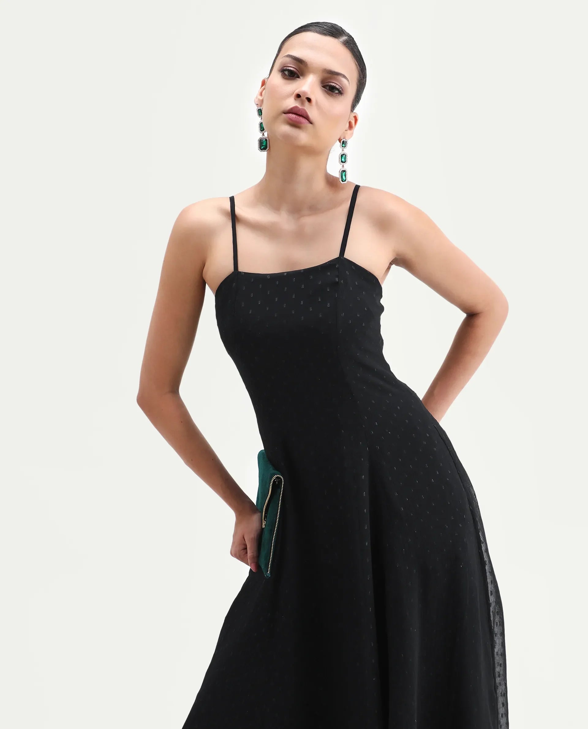 Rareism Women's Aviliz Black Polyester Shoulder Straps Fit And Flare Plain Dress