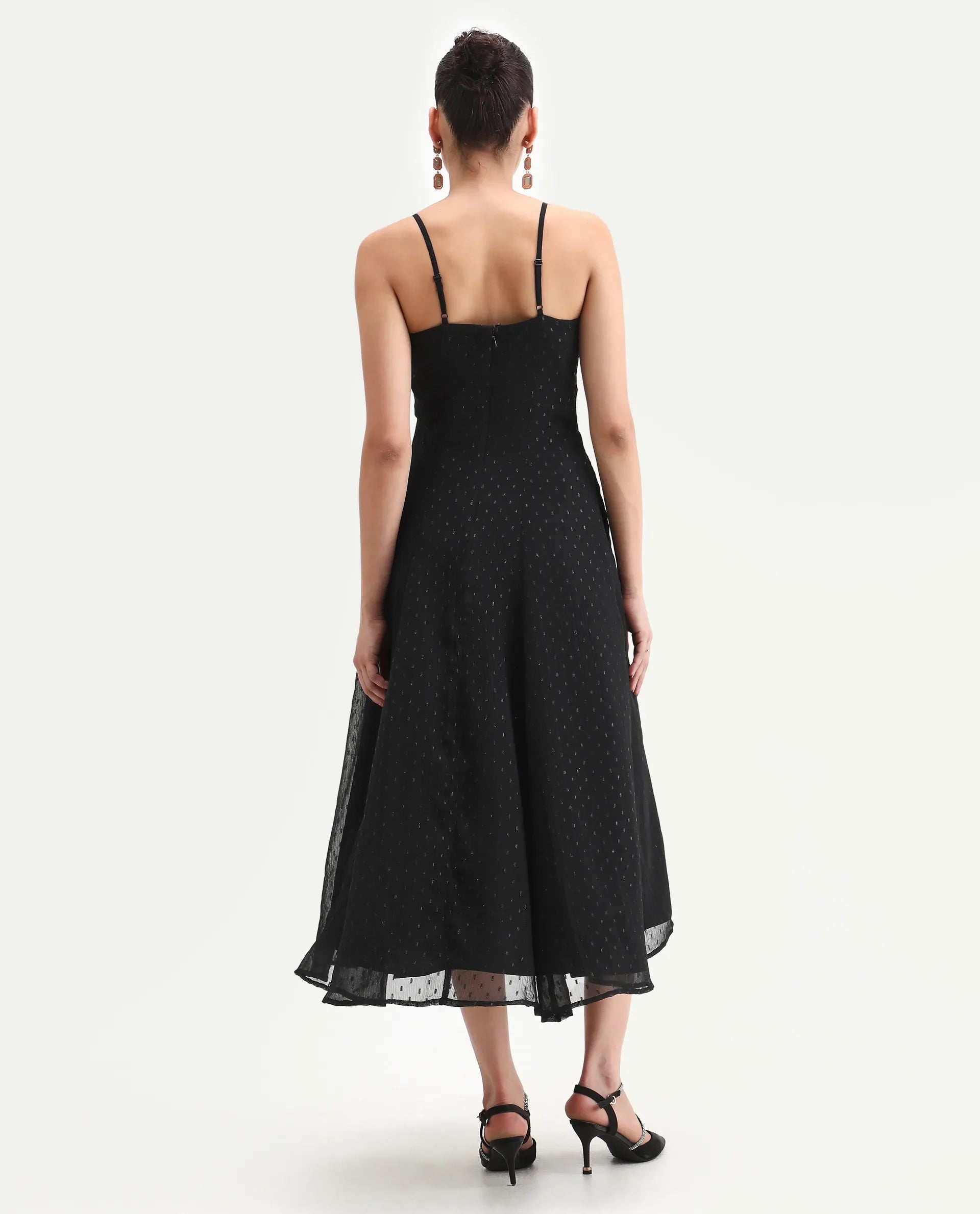 Rareism Women's Aviliz Black Polyester Shoulder Straps Fit And Flare Plain Dress