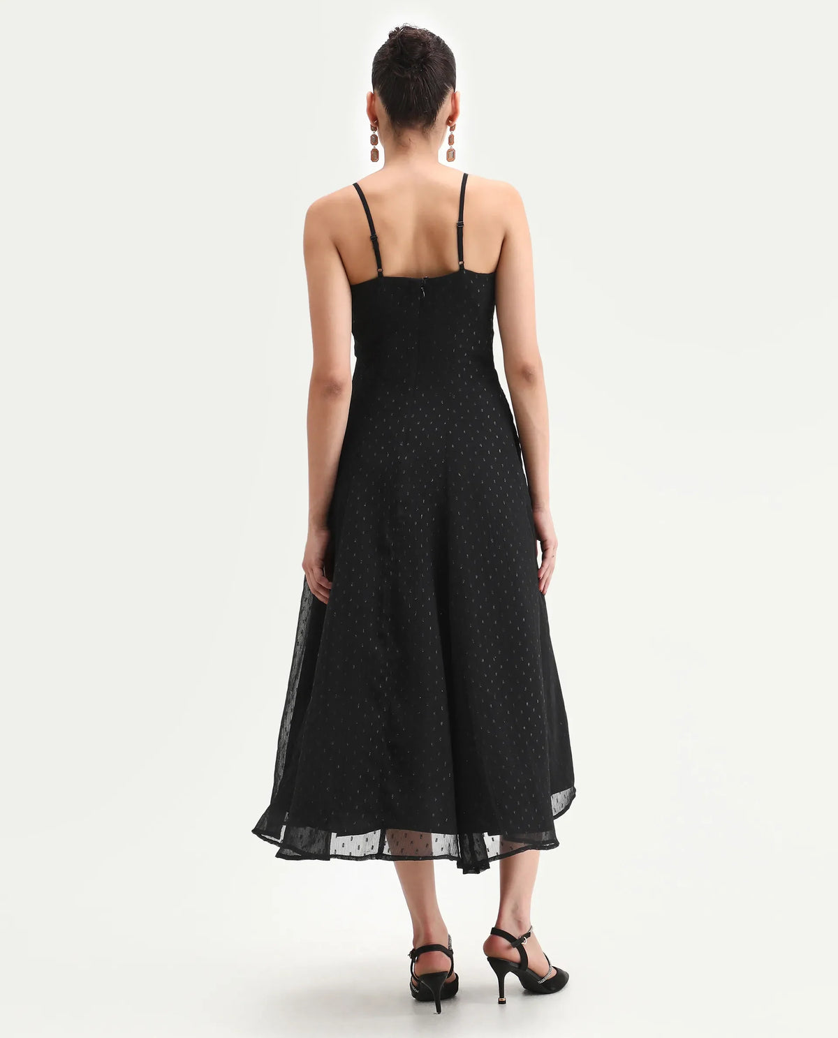 Rareism Women's Aviliz Black Polyester Shoulder Straps Fit And Flare Plain Dress