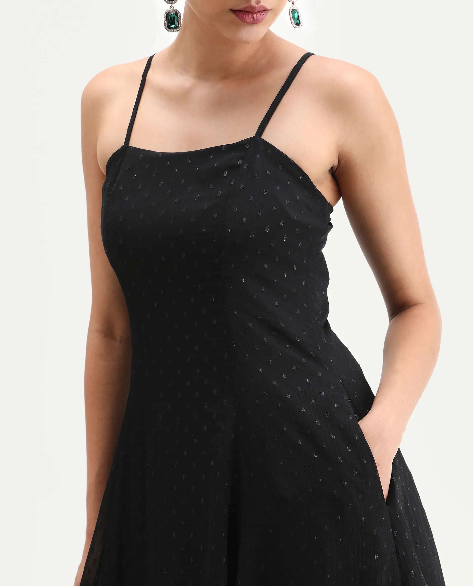 Rareism Women's Aviliz Black Polyester Shoulder Straps Fit And Flare Plain Dress