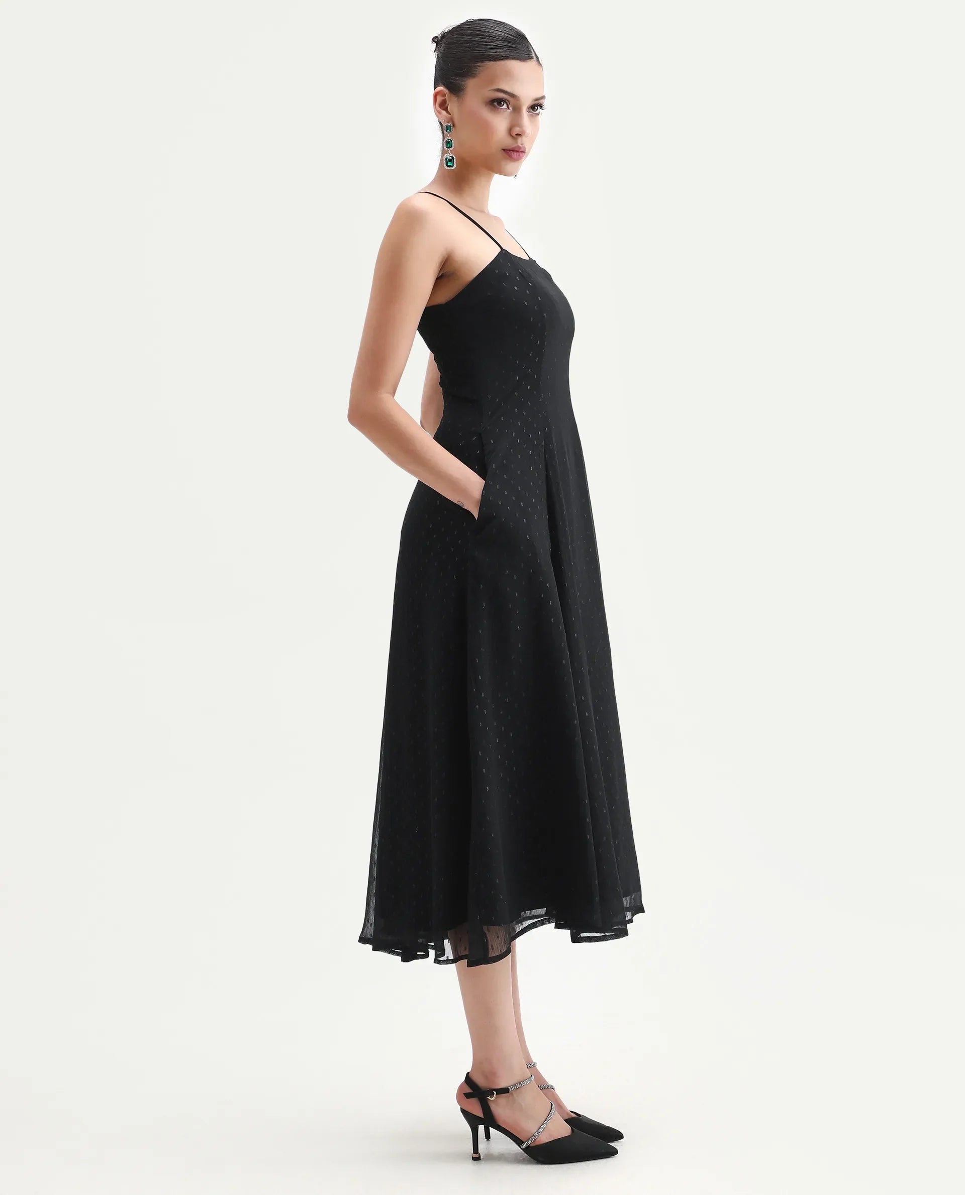 Rareism Women's Aviliz Black Polyester Shoulder Straps Fit And Flare Plain Dress