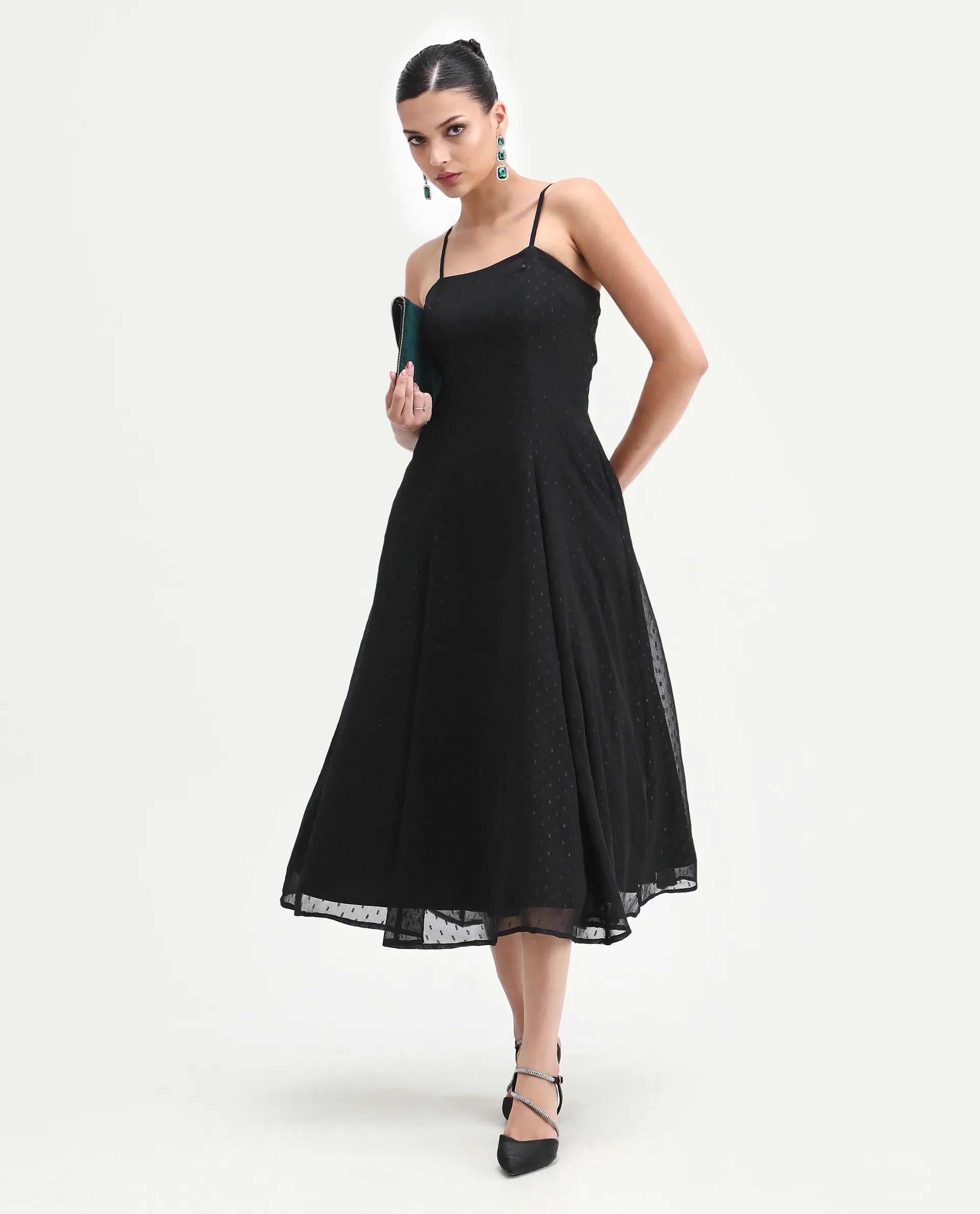 Rareism Women's Aviliz Black Polyester Shoulder Straps Fit And Flare Plain Dress