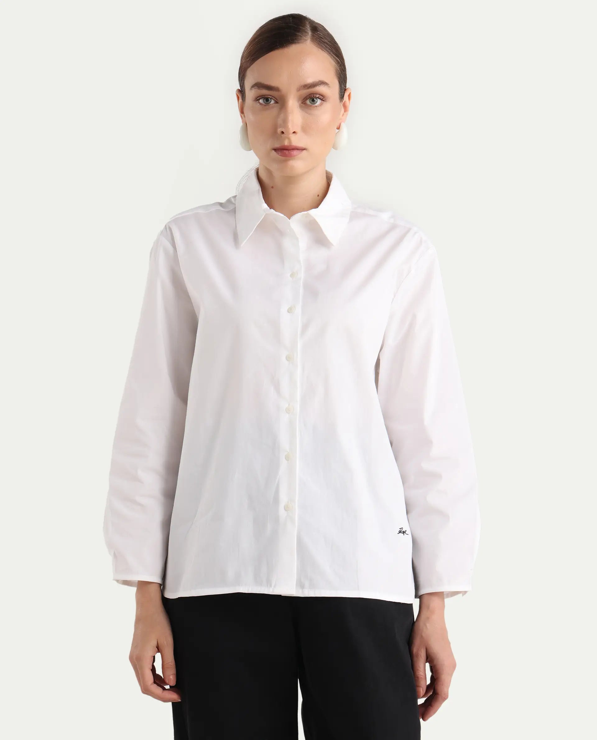 Rareism Women's Avilon Pastel White Cotton Blend Spread Collar Boxy Plain Shirt