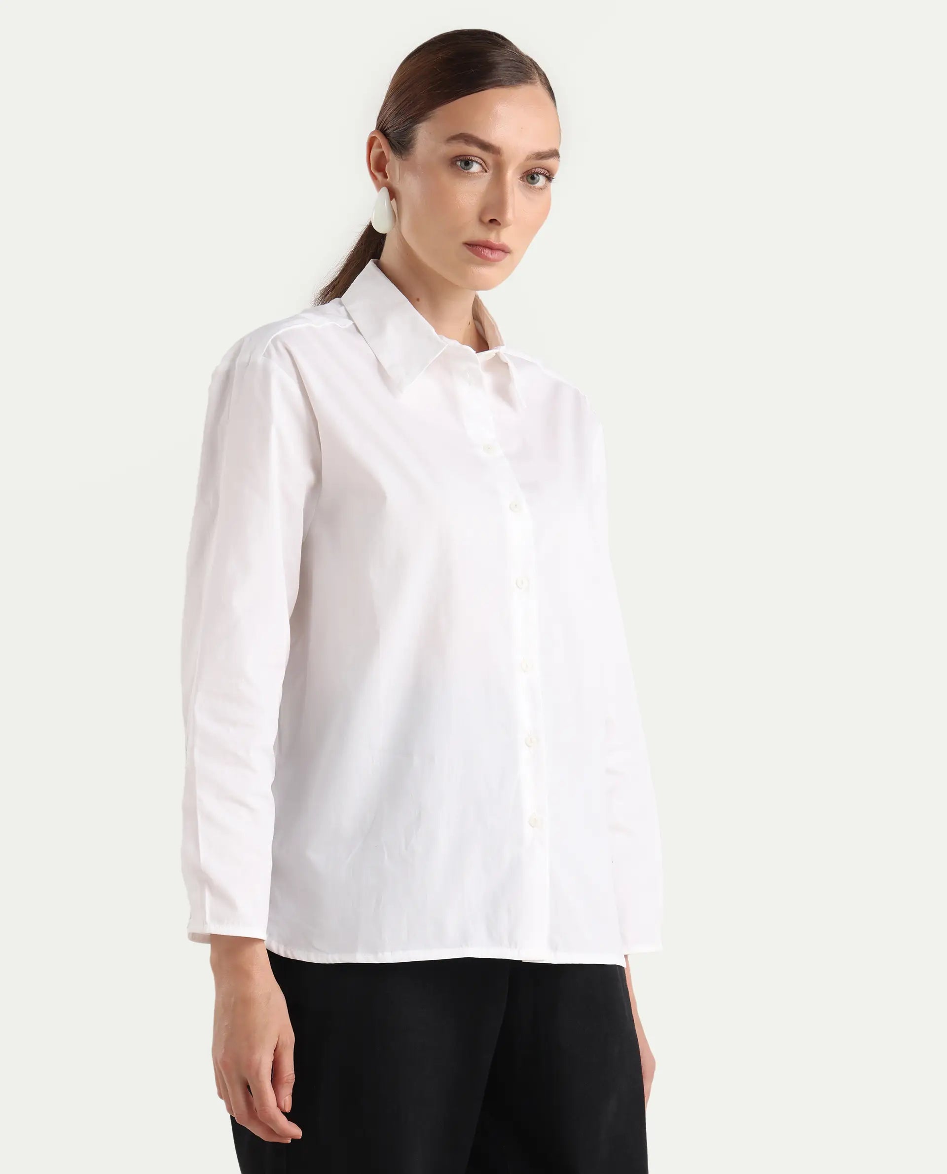 Rareism Women's Avilon Pastel White Cotton Blend Spread Collar Boxy Plain Shirt
