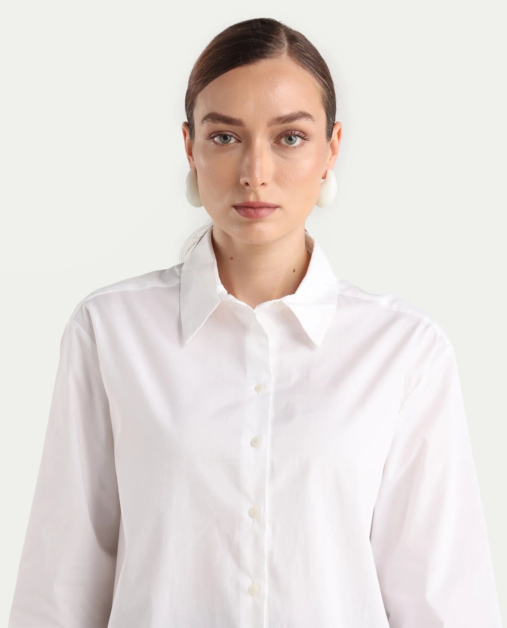 Rareism Women's Avilon Pastel White Cotton Blend Spread Collar Boxy Plain Shirt