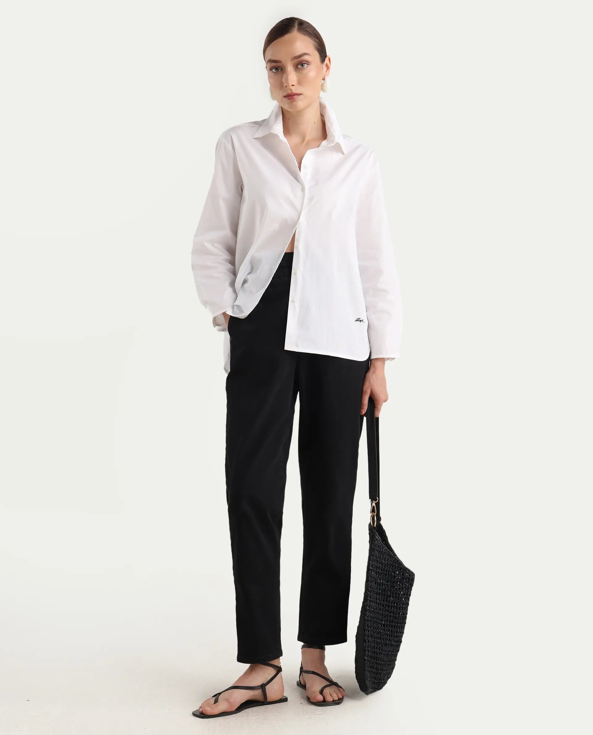 Rareism Women's Avilon Pastel White Cotton Blend Spread Collar Boxy Plain Shirt