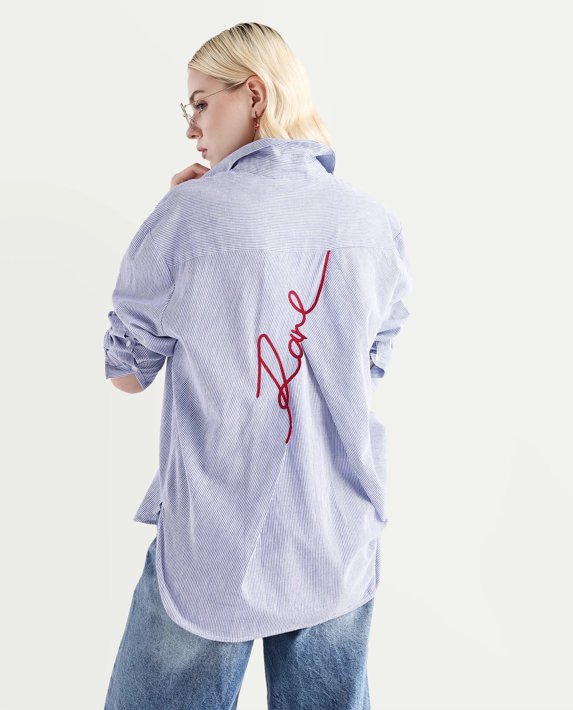 Rareism Women's Avilony Light Blue Cotton Spread Collar Boxy Fit Shirt