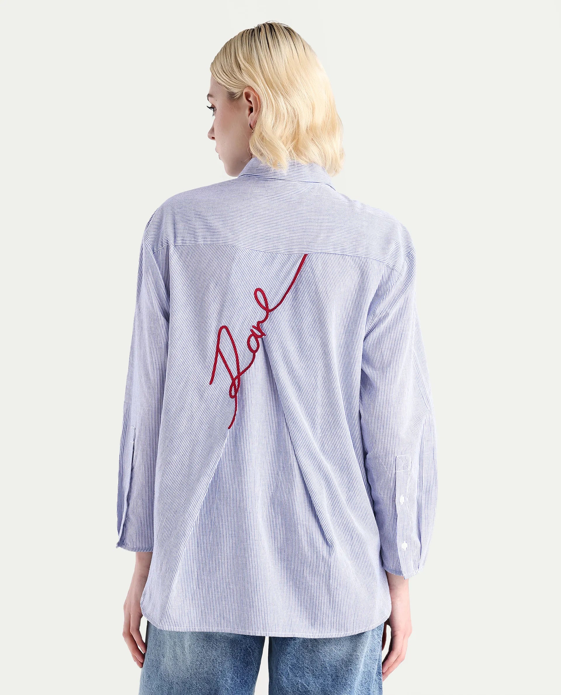 Rareism Women's Avilony Light Blue Cotton Spread Collar Boxy Fit Shirt
