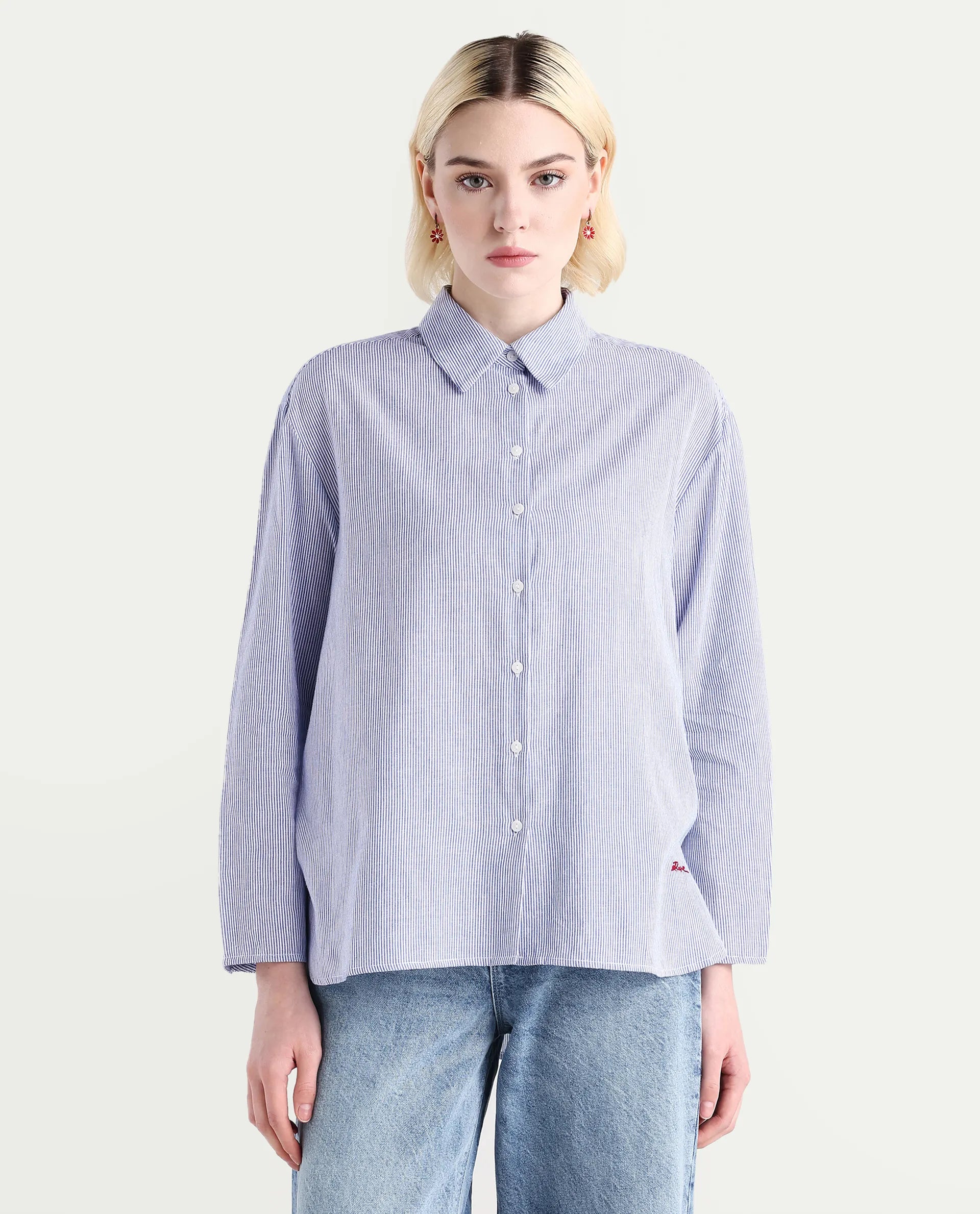 Rareism Women's Avilony Light Blue Cotton Spread Collar Boxy Fit Shirt