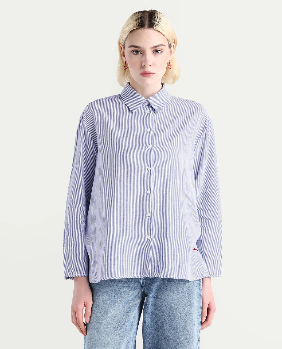Rareism Women's Avilony Light Blue Cotton Spread Collar Boxy Fit Shirt