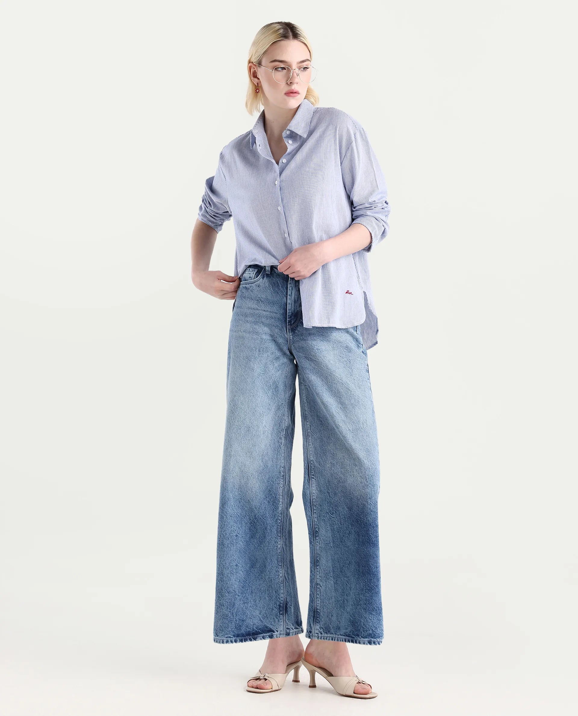 Rareism Women's Avilony Light Blue Cotton Spread Collar Boxy Fit Shirt