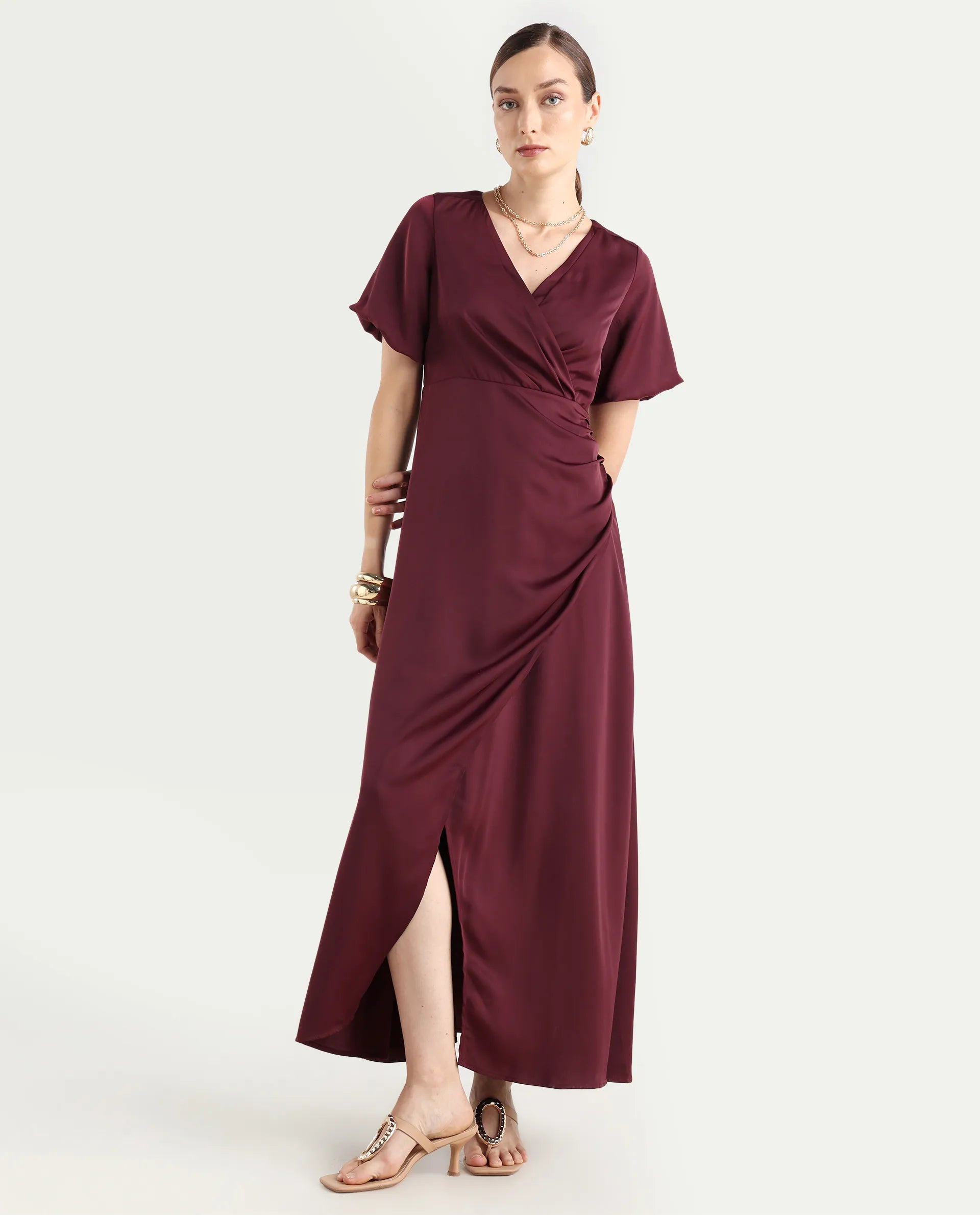 Rareism Women Avilya Maroon Wrap Neck Zipper Fit And Flare Maxi Plain Dress
