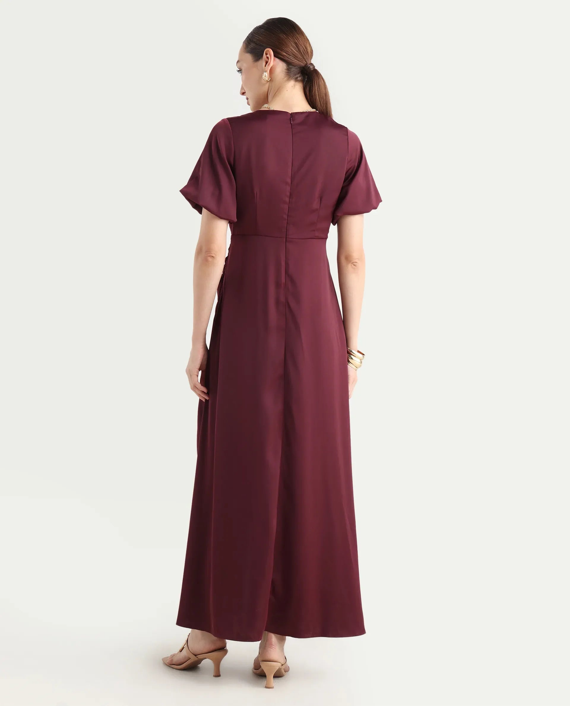 Rareism Women Avilya Maroon Wrap Neck Zipper Fit And Flare Maxi Plain Dress