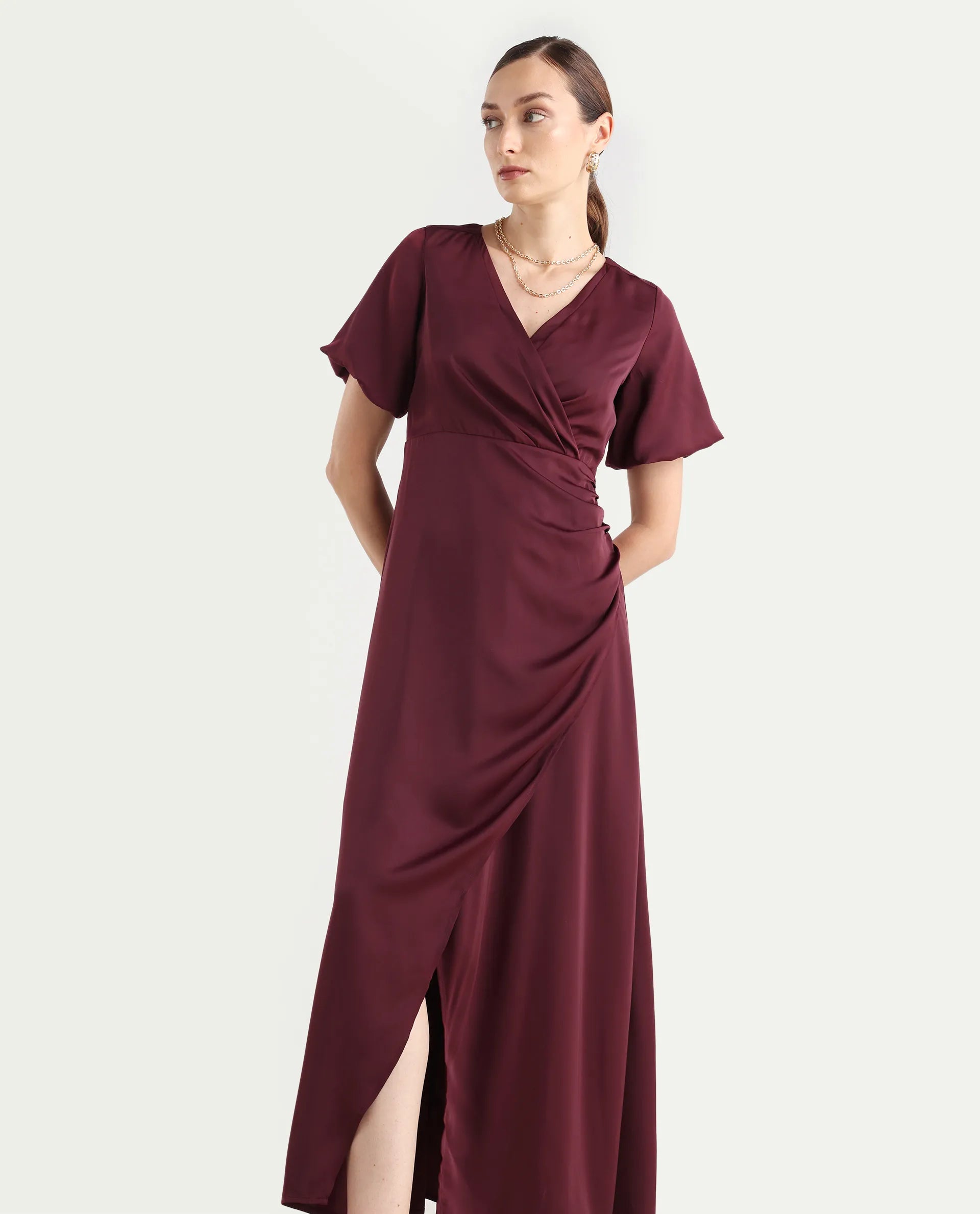 Rareism Women Avilya Maroon Wrap Neck Zipper Fit And Flare Maxi Plain Dress