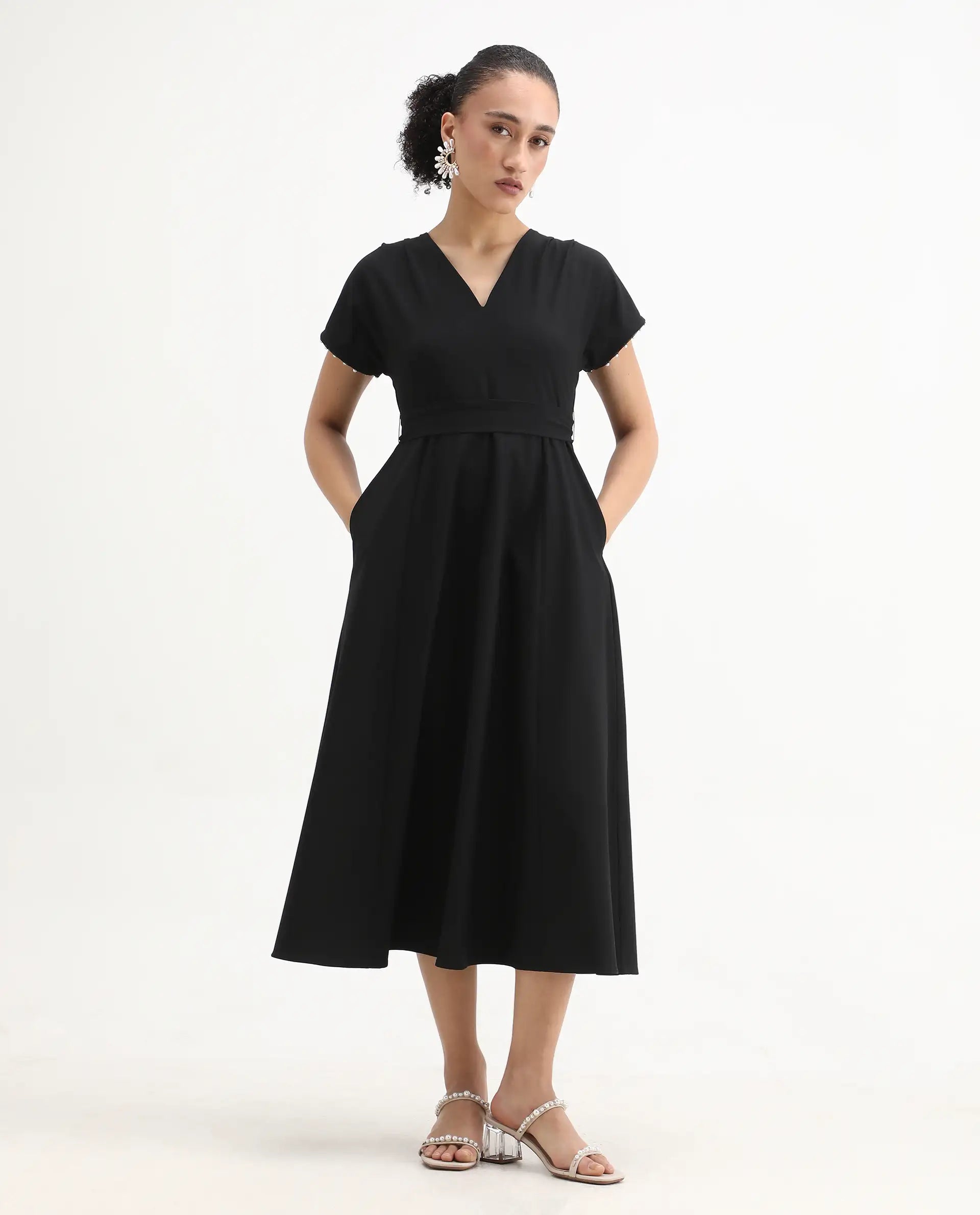 Rareism Women Avim Black V-Neck Zipper Closure Fit And Flare Midi Plain Dress