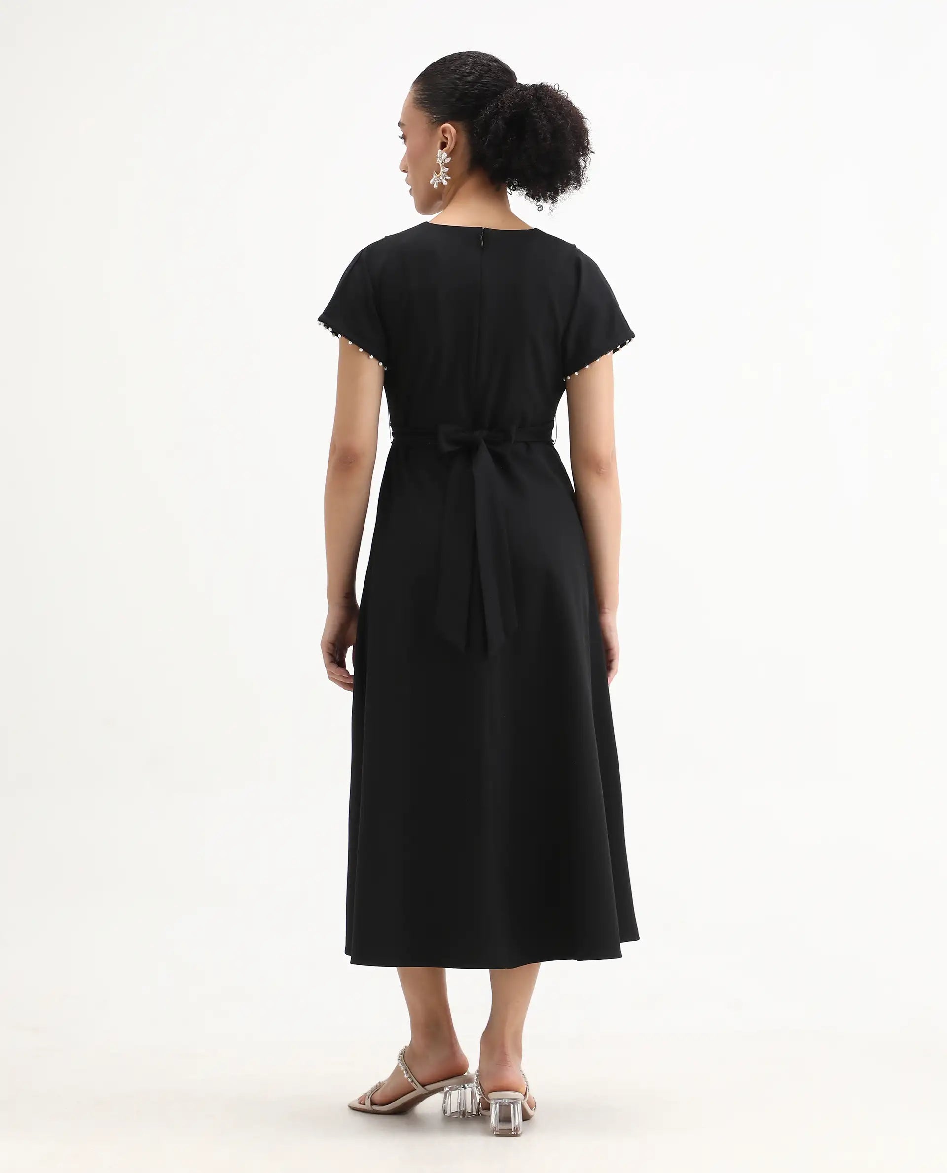 Rareism Women Avim Black V-Neck Zipper Closure Fit And Flare Midi Plain Dress