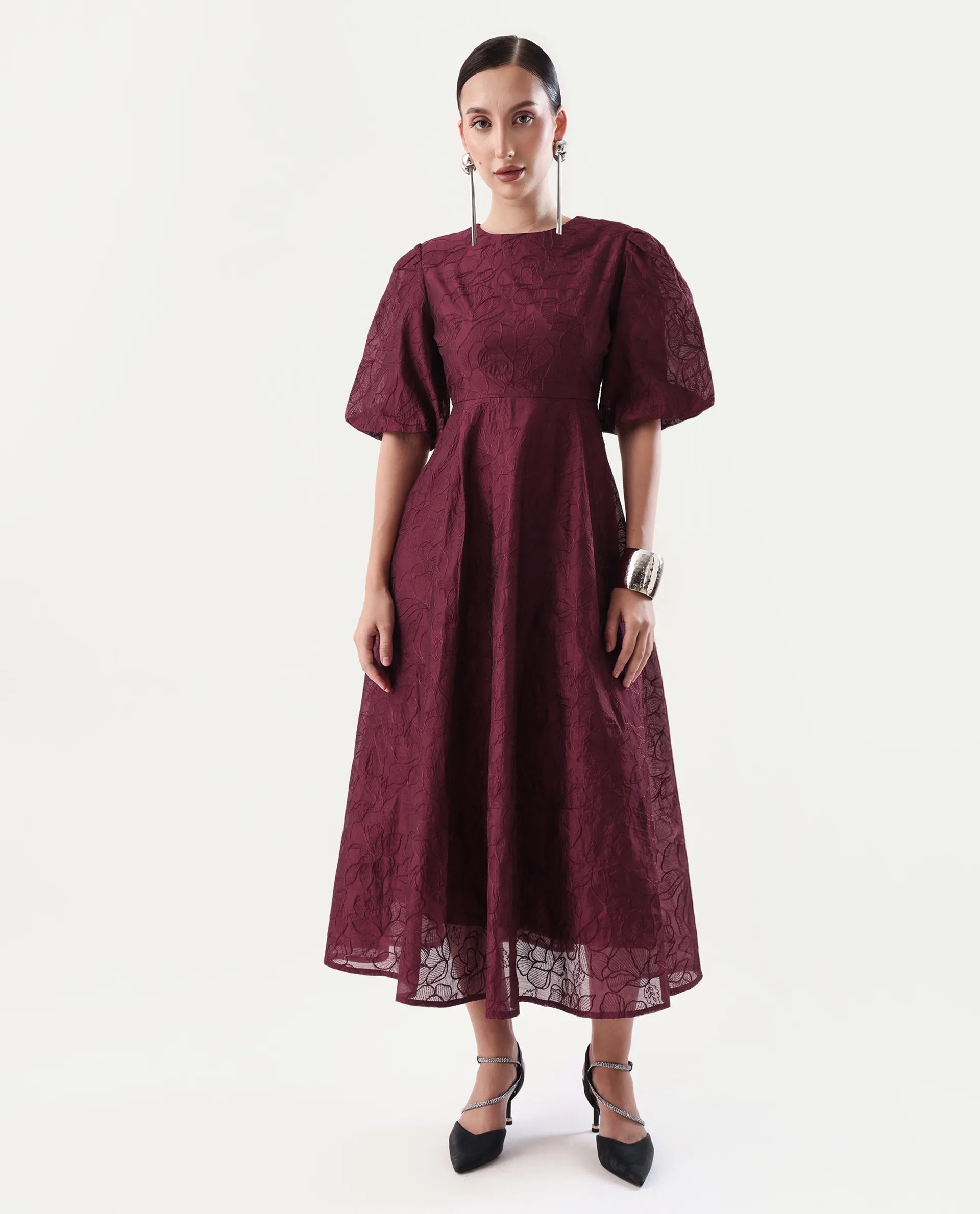 Rareism Women's Avind Maroon Viscose Blend Round Neck Fit And Flare Plain Dress