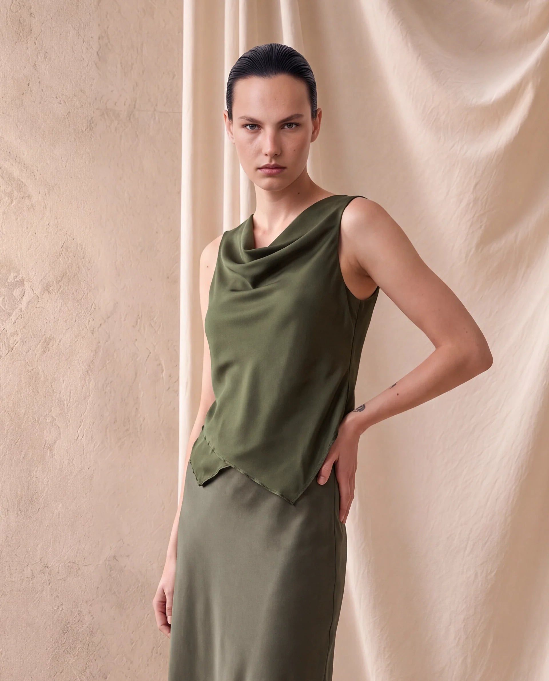 Rareism Women's Avini Olive Polyester Sleeveless Fitted Plain Top