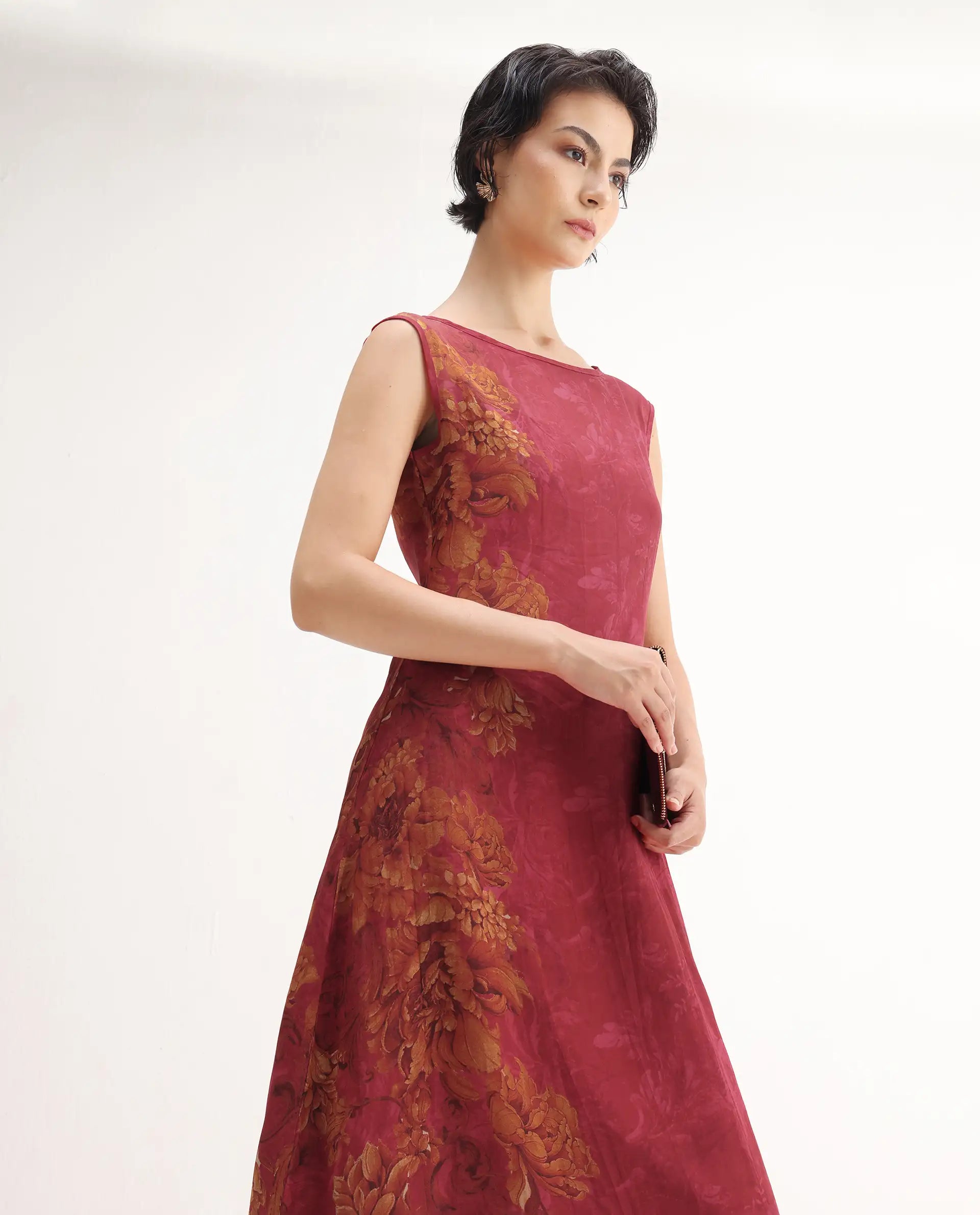 Rareism Women's Avins Pink Viscose Organza Round Neck Fit And Flare Printed Dress