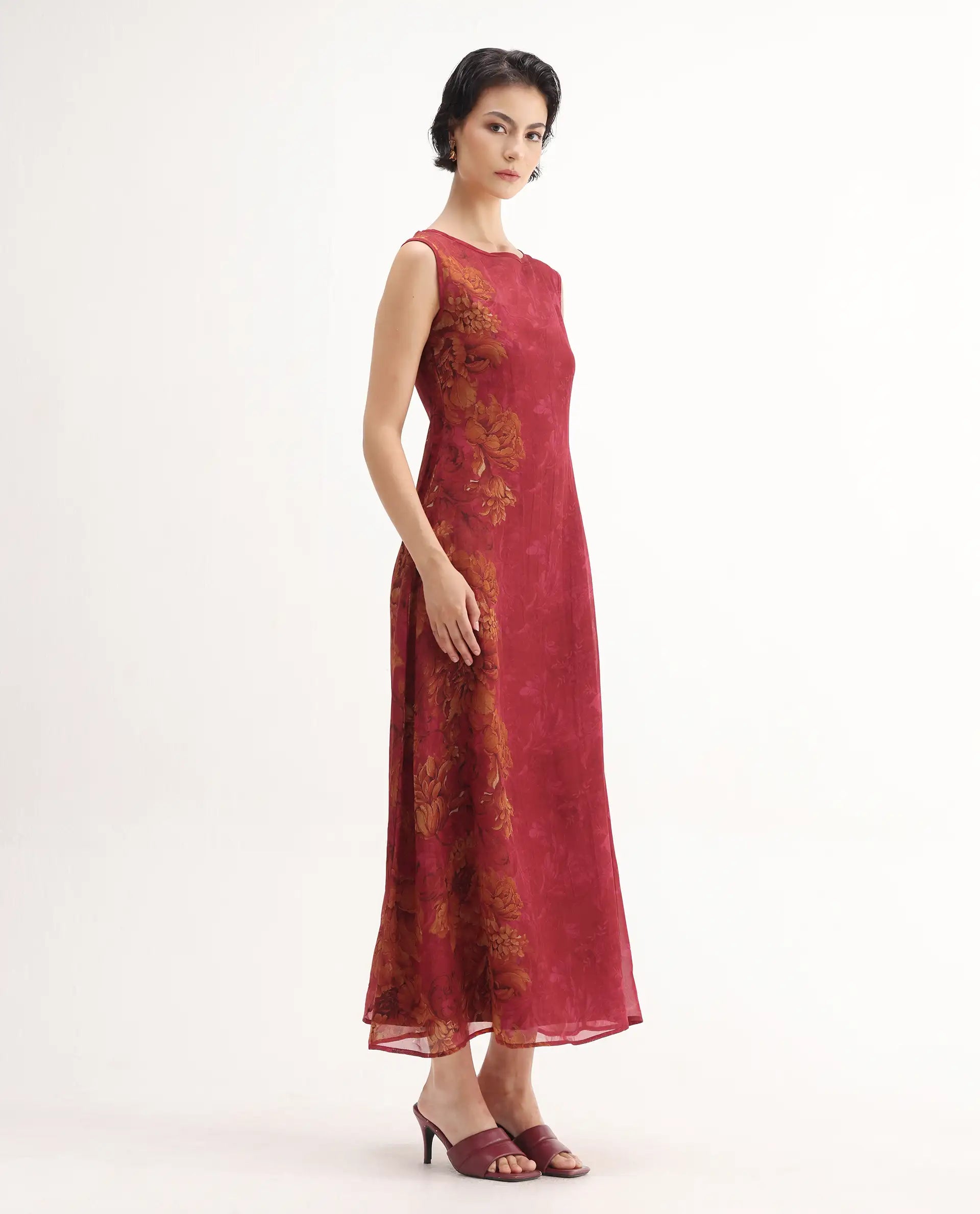 Rareism Women's Avins Pink Viscose Organza Round Neck Fit And Flare Printed Dress