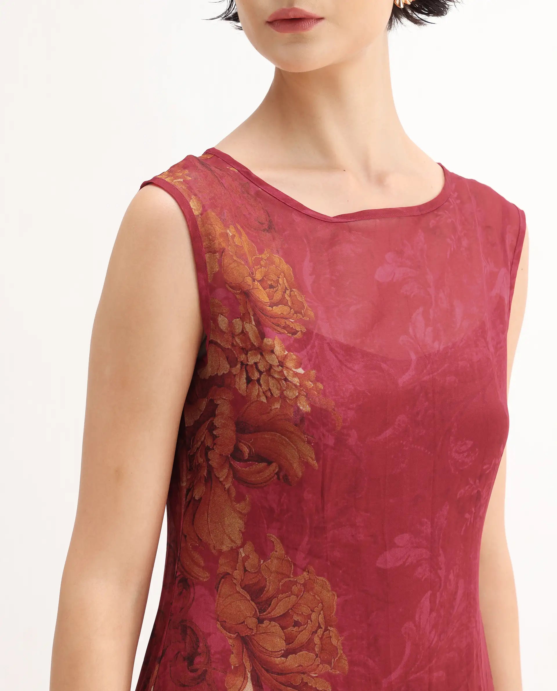 Rareism Women's Avins Pink Viscose Organza Round Neck Fit And Flare Printed Dress