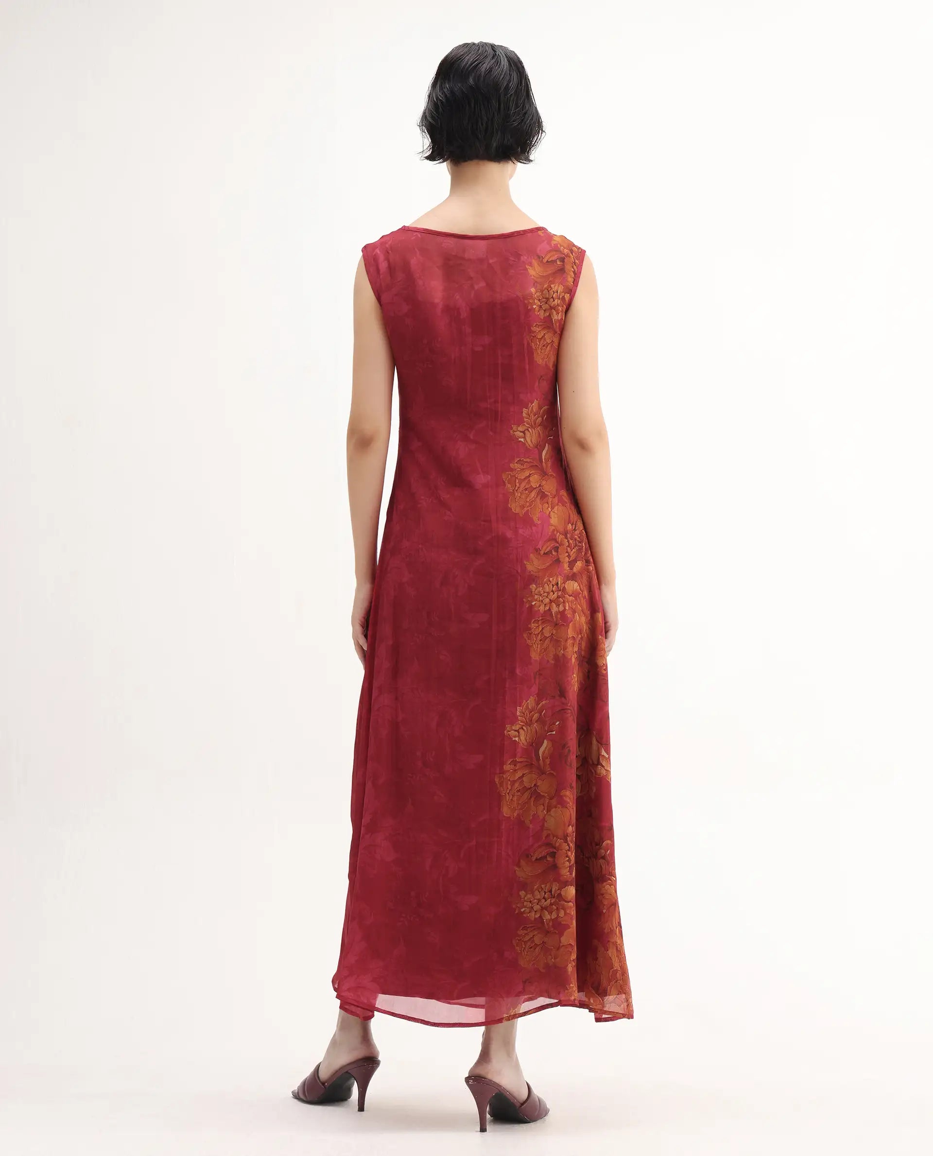 Rareism Women's Avins Pink Viscose Organza Round Neck Fit And Flare Printed Dress