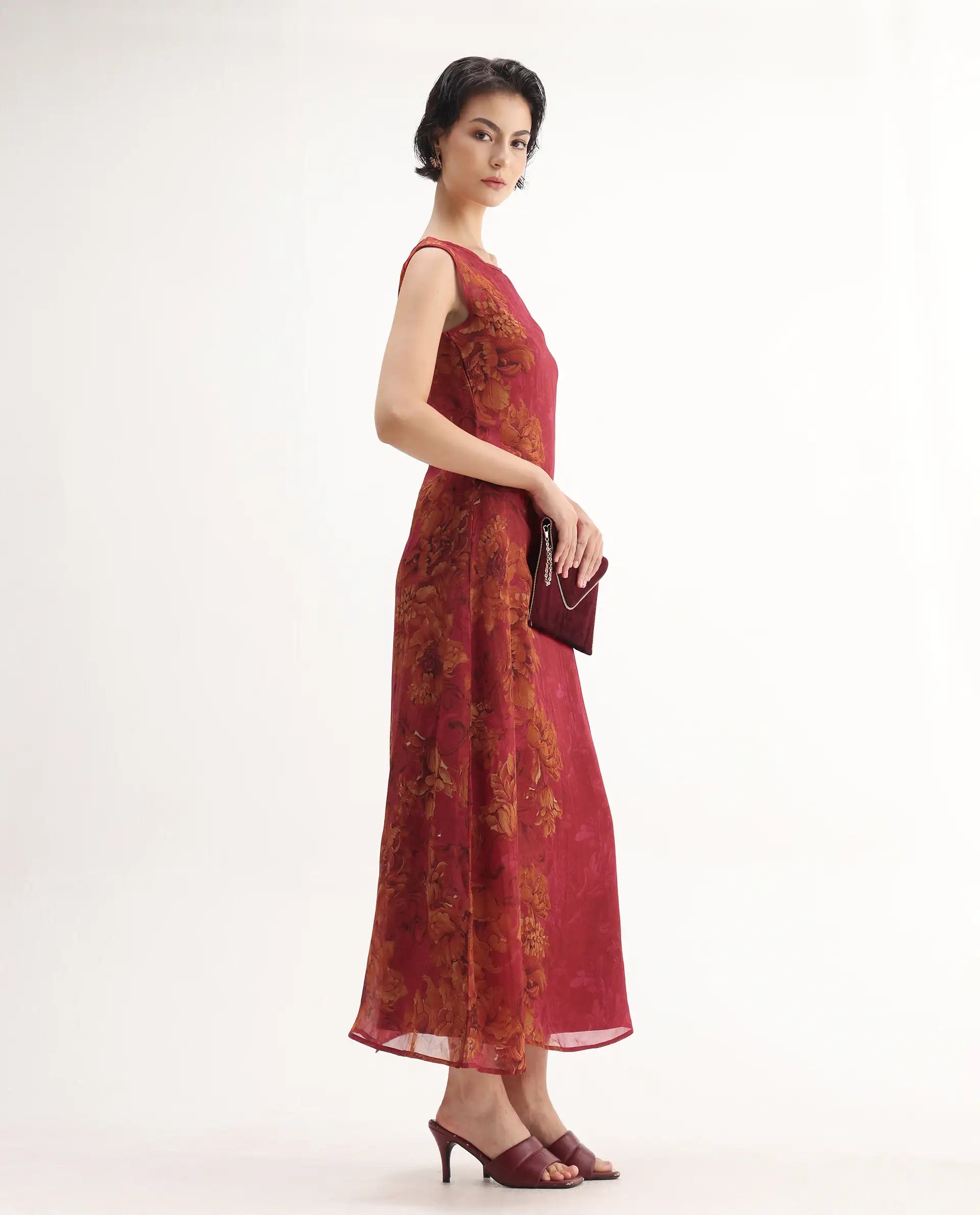 Rareism Women's Avins Pink Viscose Organza Round Neck Fit And Flare Printed Dress