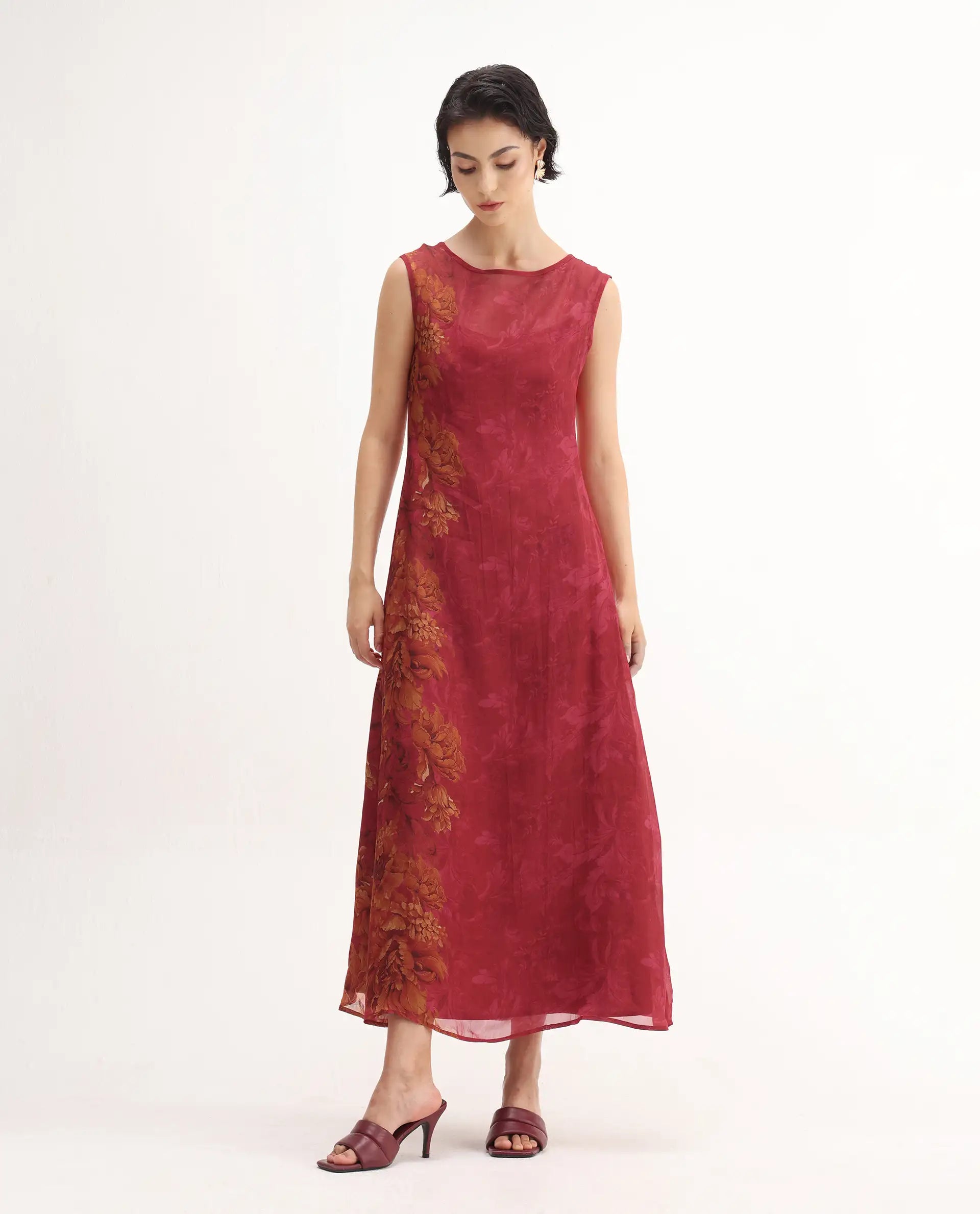 Rareism Women's Avins Pink Viscose Organza Round Neck Fit And Flare Printed Dress